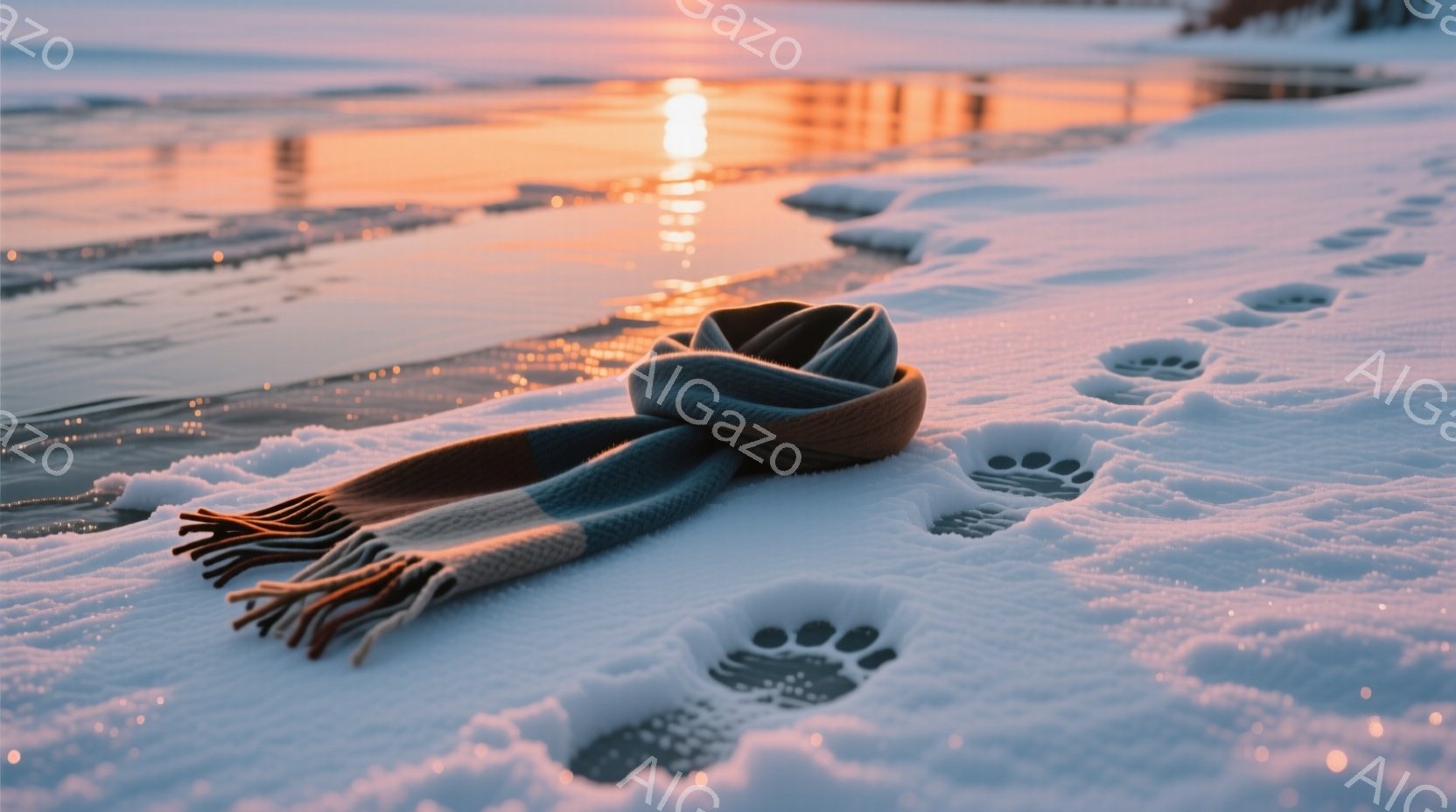 白い雪の上に、オレンジとグレーとベージュの縞模様のマフラーが置かれている。背景には、夕焼けのオレンジ色の光が水面に反射し、冬の穏やかな風景が広がっている。雪には動物の足跡が点在し、静寂の中に生命の息吹 - AI生成フリー素材