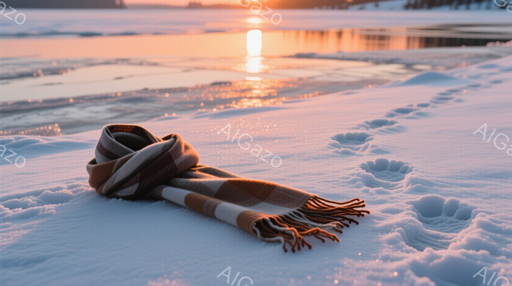 白い雪の上に、チェック柄の暖かいスカーフが置かれています。背景には、凍った湖面と夕焼けのオレンジ色の光が広がり、穏やかで静かな冬の風景を描いています。足跡が雪面に点在し、誰かが通ったことを示唆しています。