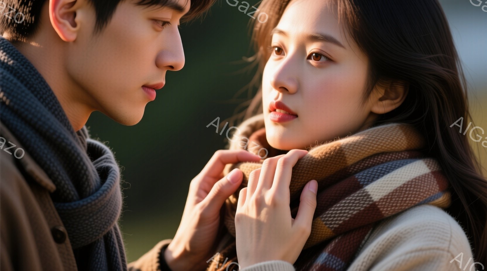 暖かいチェック柄のショールにくるまれた女性が、やや上目遣いにこちらを見つめています。彼女は柔らかいクリーム色のセーターを着ており、髪は自然なウェーブがかかっています。男性は濃いグレーのマフラーを巻き、女性を見つめており、背景にはぼやけた自然が広がっていて、穏やかで親密な雰囲気が漂っています。