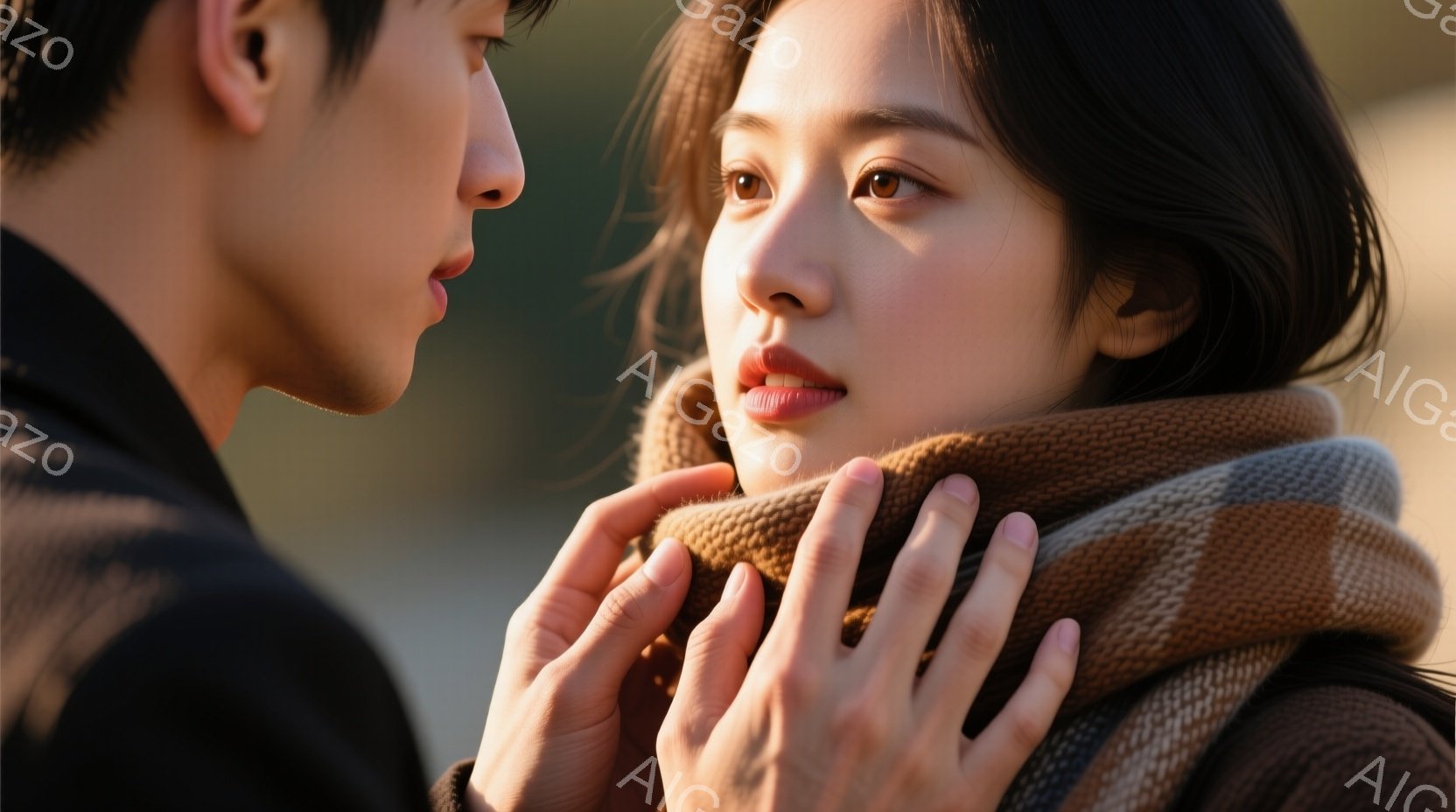 鮮やかなチェック柄のショールに首を包む女性が写っています。彼女は少し微笑み、温かい眼差しでカメラを見つめています。男性の手がショールを優しく持ち上げている様子から、愛情や保護を感じさせる親密な雰囲気が漂っています。