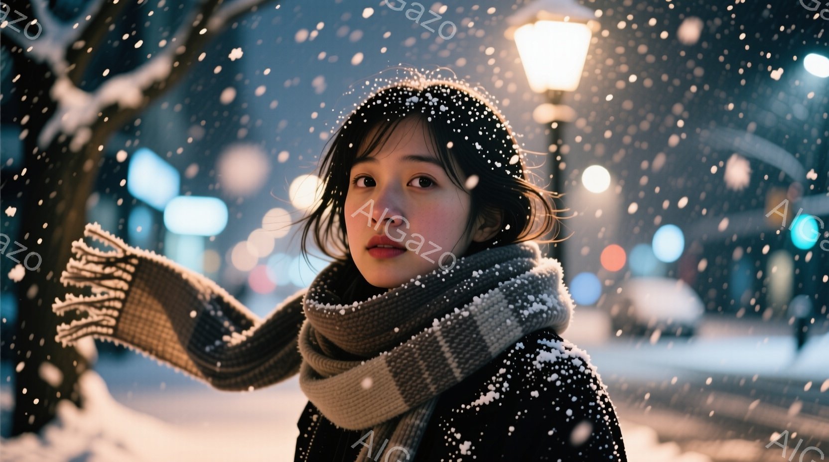雪が降る夜の街で、黒いコートと灰色のマフラーを巻いた若い女性が写っています。彼女は少し口を開け、穏やかな表情でカメラを見つめており、肩に雪が積もっています。背景にはぼやけた街灯と建物があり、全体的に静 - AI生成フリー素材