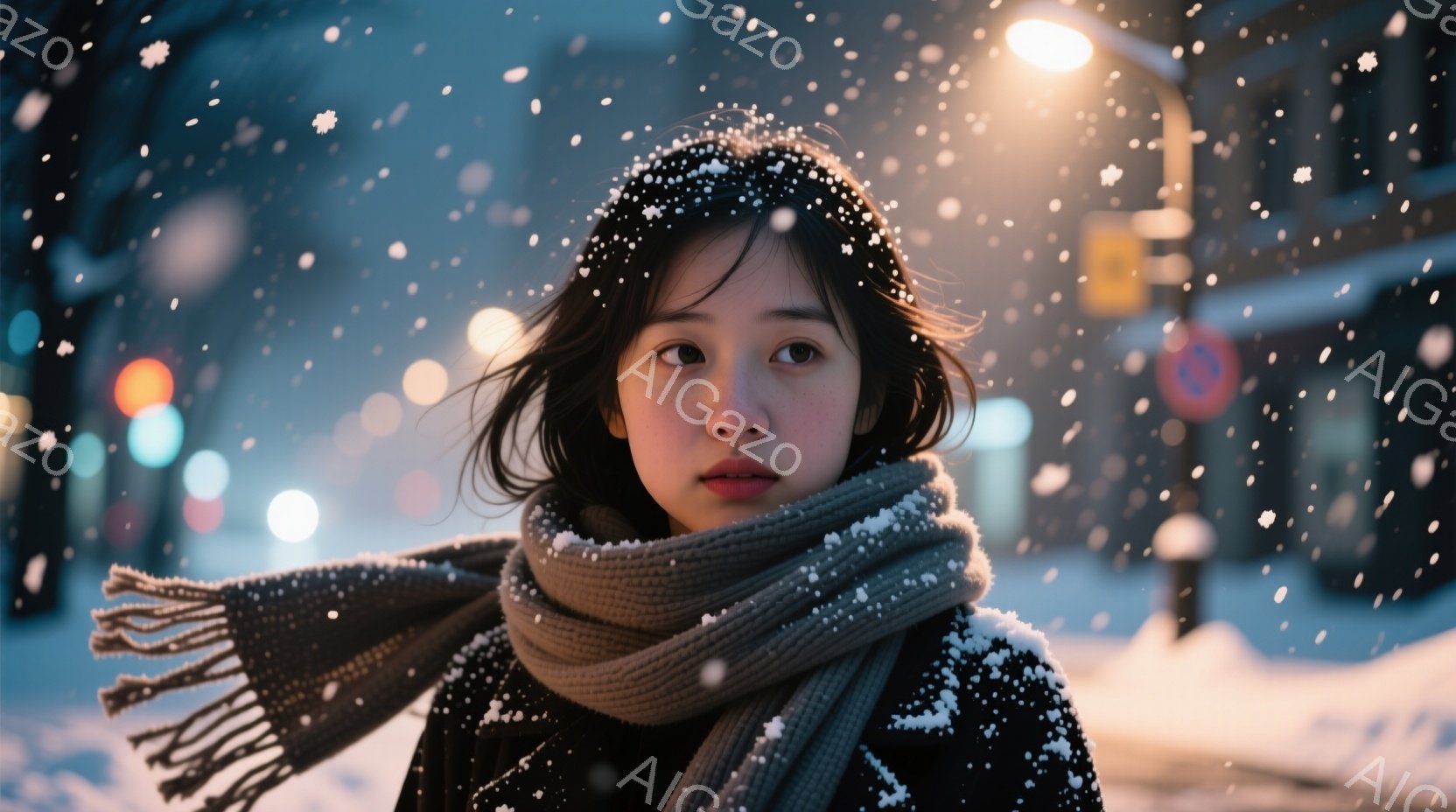 長い黒髪の女性が雪の中で正面を見据えています。灰色のニットの巻き物で首元が暖かく覆われ、雪が髪と肩に積もっています。背景にはぼやけた街灯と雪が舞う夜の街並みが広がり、静かで少し寂しげな雰囲気を醸し出しています。