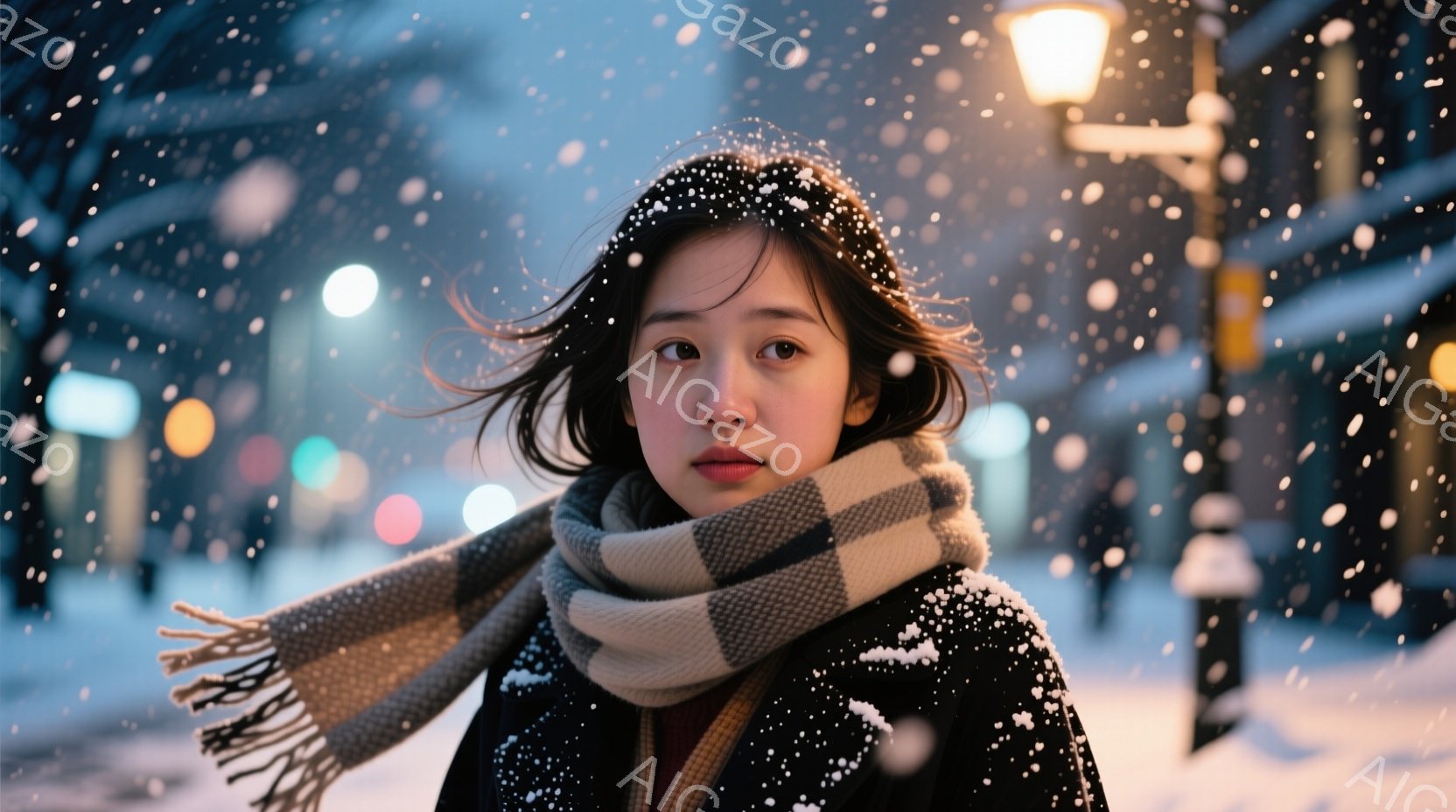 雪が舞う夜の街で、女性が正面を見据えています。彼女は黒いコートに白とグレーのチェック柄のスカーフを巻き、少し無表情でどこか憂いを帯びた表情をしています。背景にはぼやけた街灯と雪景色が広がり、寒く静寂な - AI生成フリー素材