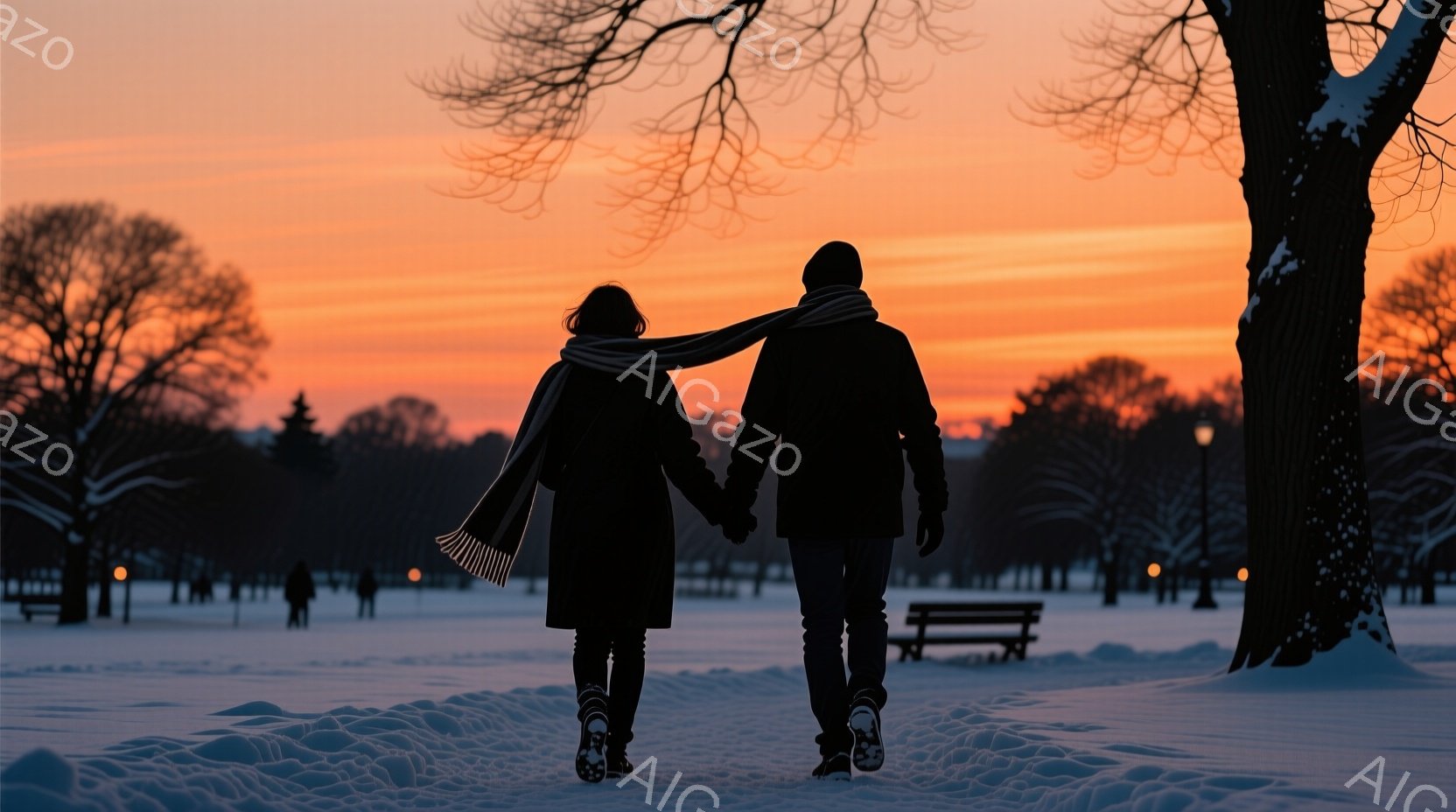 雪景色の中、手をつないで歩く男女の後ろ姿が印象的な写真です。女性はロングコートにストライプのショールを巻き、男性はコートを着ています。背景にはうっすらと木々やベンチが見え、空は夕焼けでオレンジとピンク - AI生成フリー素材