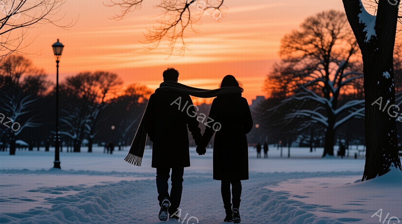 雪景色の中、男女が手をつないで歩いている後ろ姿が印象的な画像です。二人は冬のコートとマフラーを身につけ、雪に覆われた公園の道をゆっくりと進んでいます。背景には、夕焼け空と裸木の並木が広がり、暖かくロマ - AI生成フリー素材