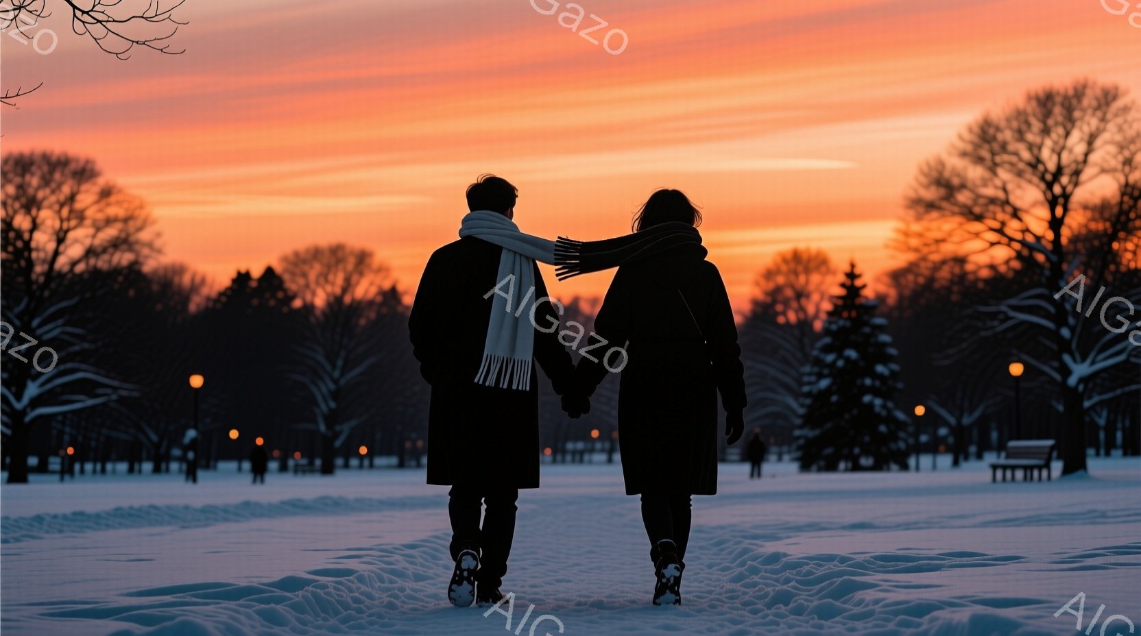 雪に覆われた公園を、コートを着た男女が手をつないで歩いている。背景は夕焼けで、空はオレンジ色とピンク色のグラデーションになっており、木々はシルエットで描かれている。全体的に温かくロマンチックな雰囲気で、冬の穏やかな情景が表現されている。