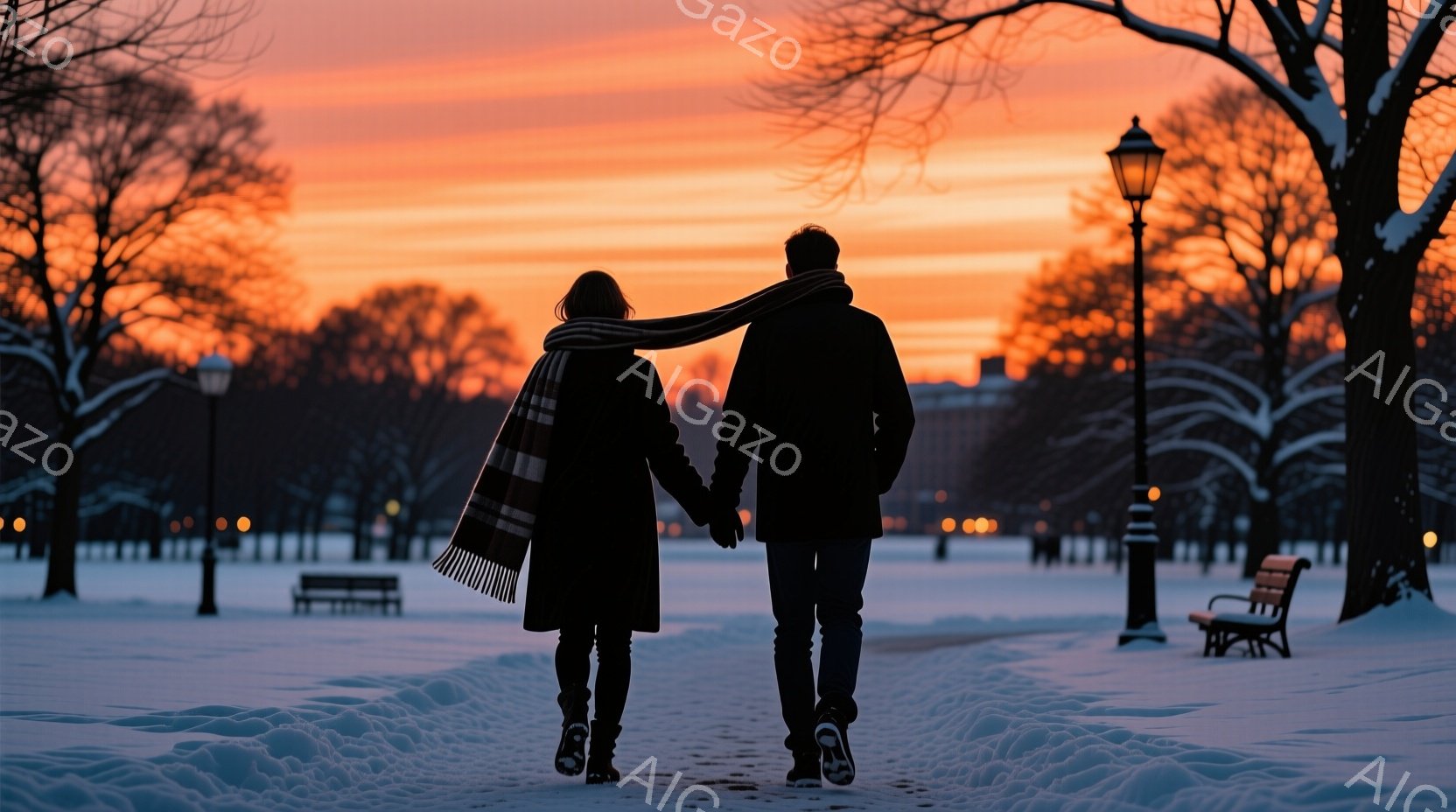 雪に覆われた公園を、手をつないで歩く男女のシルエットが印象的だ。女性はロングコートとブーツ、男性はジャケット姿で、暖かい服装をしている。背景には、夕焼け空と木々、そして遠くの建物が見え、穏やかでロマン - AI生成フリー素材