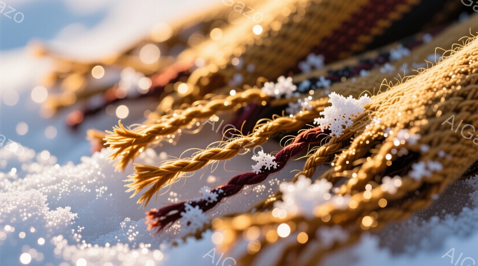 鮮やかな黄色の編み込みヘアスタイルが、赤色の細い三つ編みと組み合わさり、雪片のような光のフレアに囲まれています。背景はぼやけており、冷たい冬の光景を連想させる、暖かく柔らかな質感のヘアアクセサリーが印象的です。全体的に、冬の暖かさと優しさを表現した、幻想的な雰囲気の写真です。