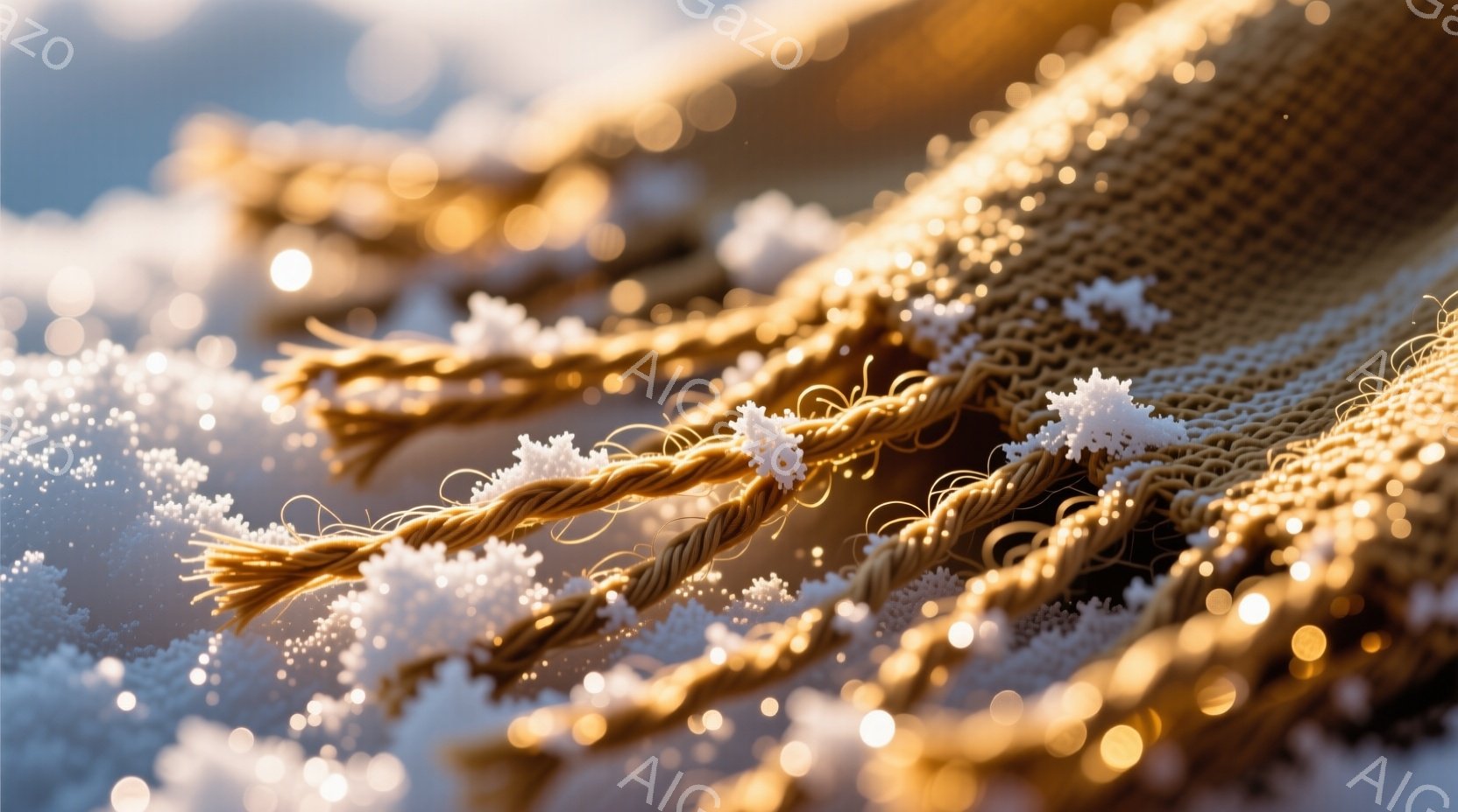 黄金色のニット生地が雪に覆われ、冬の冷たい空気感を表現している。ニットの編み目が詳細に写っており、雪の結晶が繊細に輝き、暖かさと冷たさが混ざり合った独特の雰囲気を醸し出している。背景はぼやけており、ニット生地と雪の美しさを際立たせている。