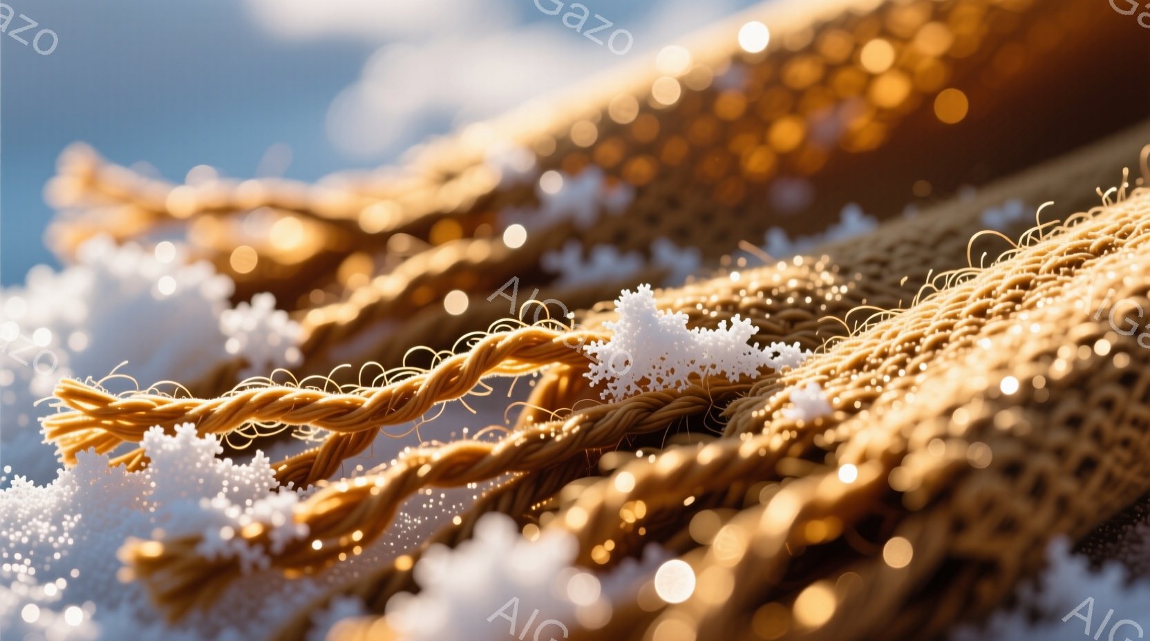 茶色く撚られた糸のような素材のクローズアップで、その上に白い小さな粒状のものが散らばっている様子を捉えています。糸は複雑に編み込まれており、光の加減で暖かく輝き、背景はぼやけて光の点が散りばめられています。全体的に、暖かく穏やかな、どこか懐かしい雰囲気を醸し出しています。