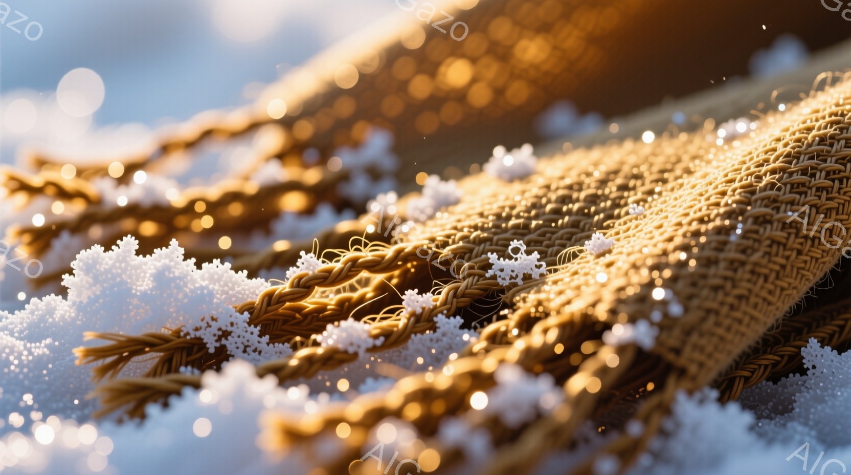 粗い織りの茶色の布地が画面を占め、白く光る雪の粒子がところどころに付着している。背景はぼやけており、光のフレアが散りばめられ、冬の静寂と暖かさを感じさせる。全体として、暖色系の色調が、冷たい雪とのコントラストを生み出し、落ち着いた雰囲気を醸し出している。