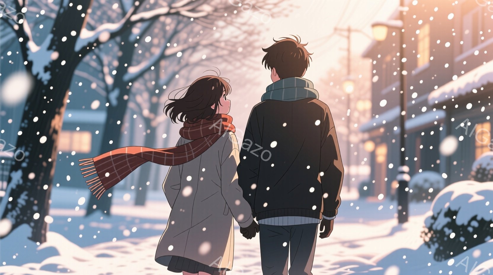 雪が舞う冬の街並みを、若い男女が手をつないで歩いている。女性はロングコートに赤いストールを巻き、巻き髪が風になびいている。男性は黒いジャケットとセーターを着ており、二人は背中合わせで、穏やかで温かい雰囲気が漂っている。