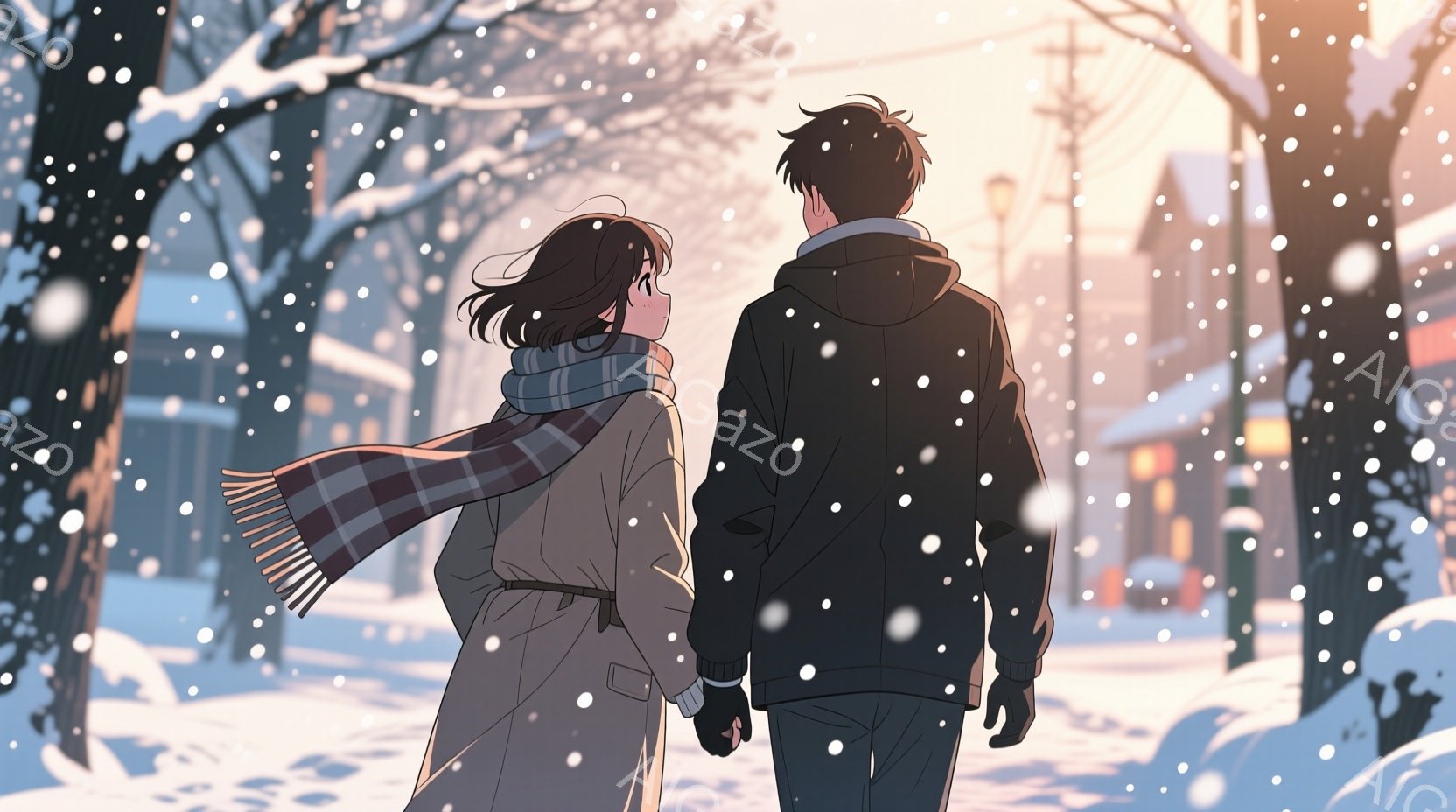 雪が降る並木道を、若い男女が手をつないで歩いている。女性はベージュ色のコートにチェック柄のマフラーを巻き、ロングヘアを風になびかせている。背景には雪で覆われた建物と木々が見え、暖色系の光が降り注ぎ、温 - AI生成フリー素材