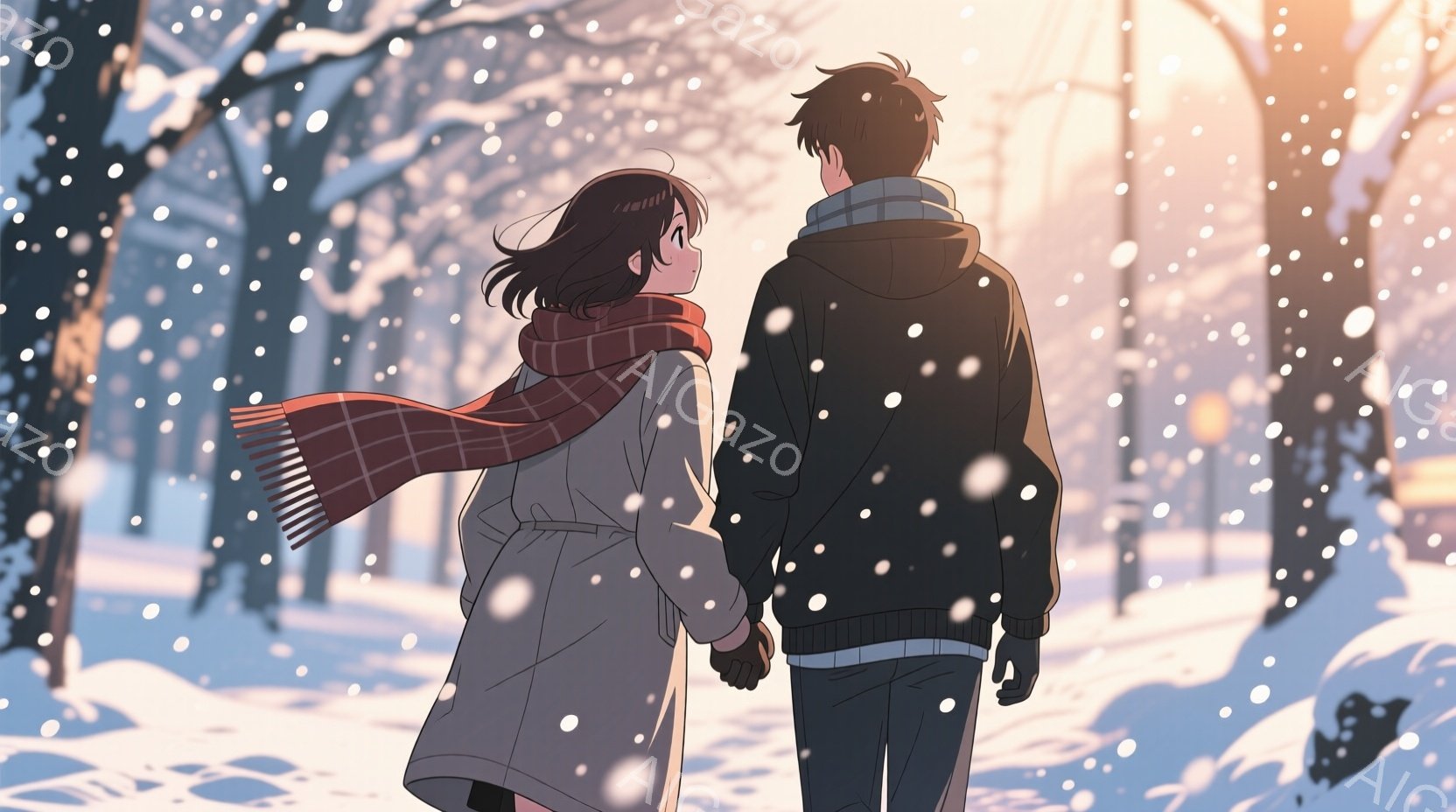 雪が降る並木道で、若い男女が手をつないで歩いている。女性はロングコートに赤いストールを巻き、長い髪が風に吹かれている。男性は黒いパーカーとジーンズ姿で、二人は後ろ姿のため表情は見えないが、穏やかな雰囲 - AI生成フリー素材