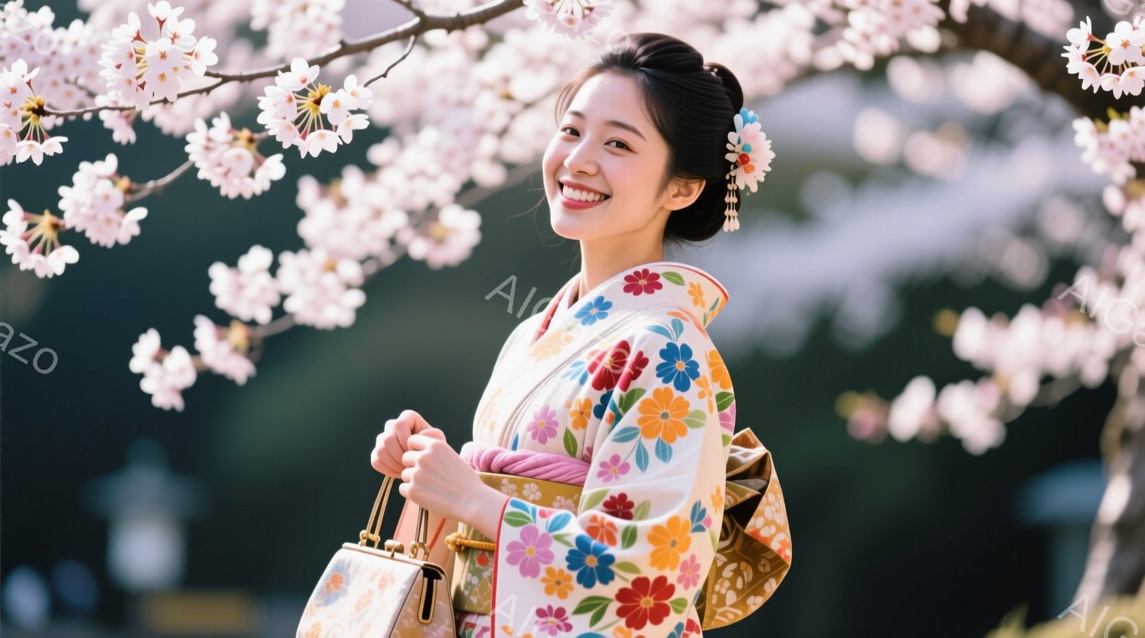 鮮やかな色の花柄の着物を着た女性が、穏やかな笑顔でこちらを見ている。髪は高く結い上げられ、かんざしが華やかに飾られ、右手に伝統的なハンドバッグを持っている。背景には桜が咲き誇り、春の穏やかさと優雅な雰囲気を醸し出している。