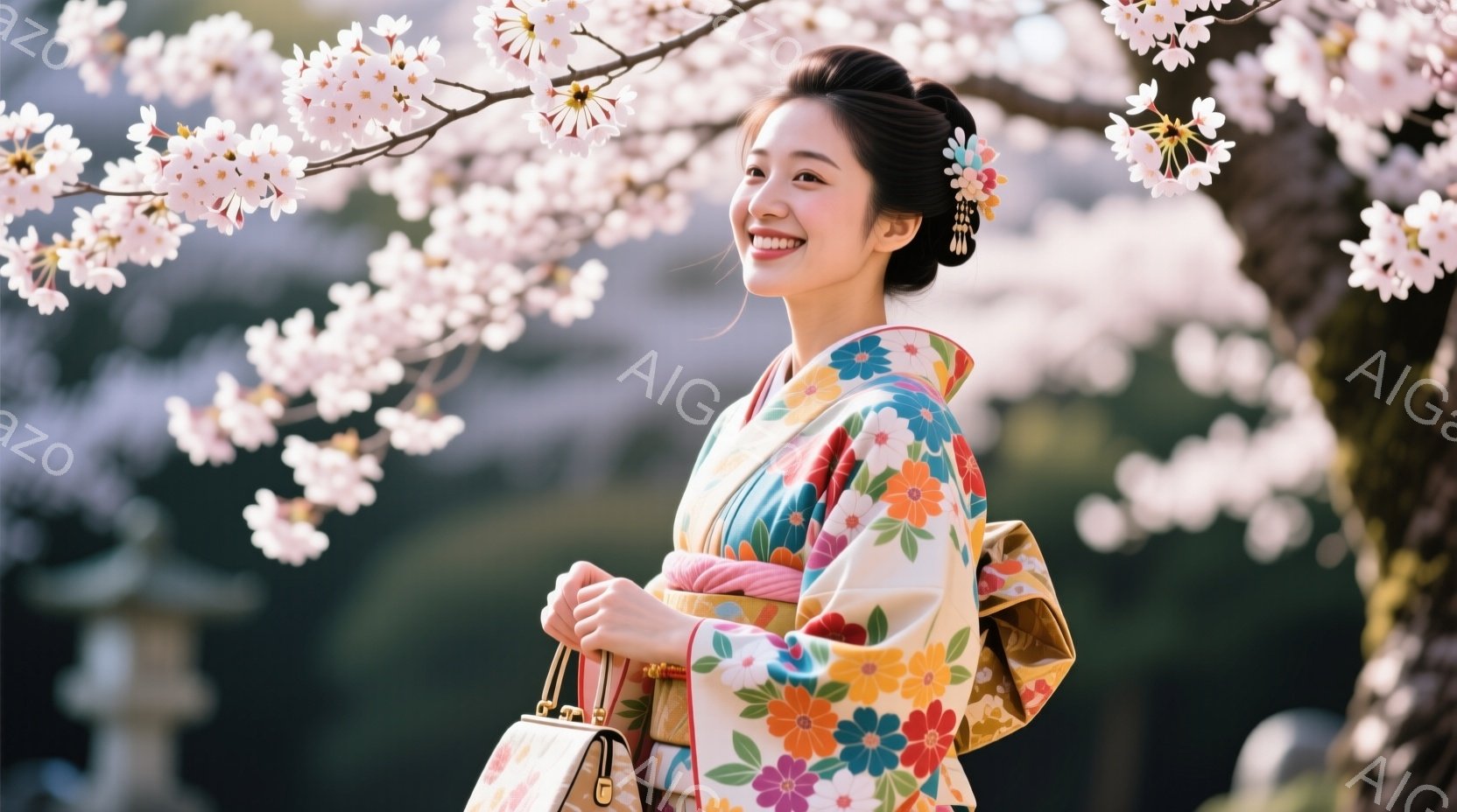 鮮やかな色の花柄の着物を着た若い女性が微笑んでいます。髪は綺麗にまとめられ、髪飾りをつけています。背景には桜が咲き誇り、ぼんやりと見える建造物と合わせて、春の穏やかな雰囲気を醸し出しています。
