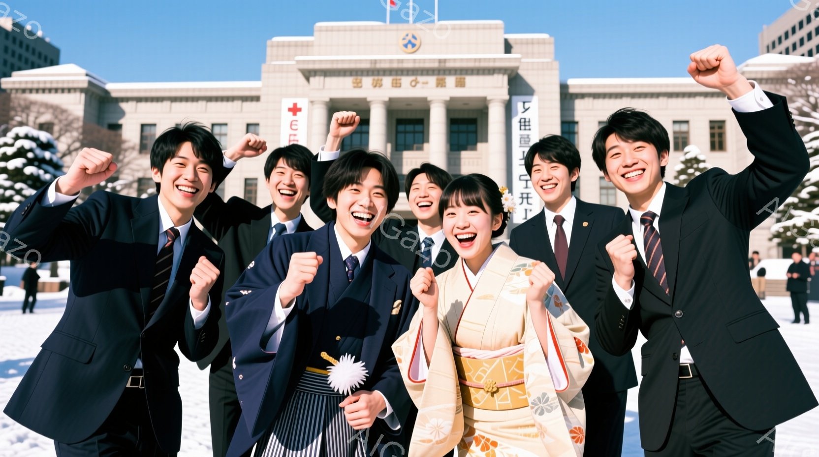 厳しい冬の雪景色を背景に、制服またはスーツを着た若い男女グループが笑顔でカメラに向かってポーズをとっています。女性は明るいクリーム色の着物と赤い帯で華やかに装い、他のメンバーは紺色のスーツや制服姿で、 - AI生成フリー素材