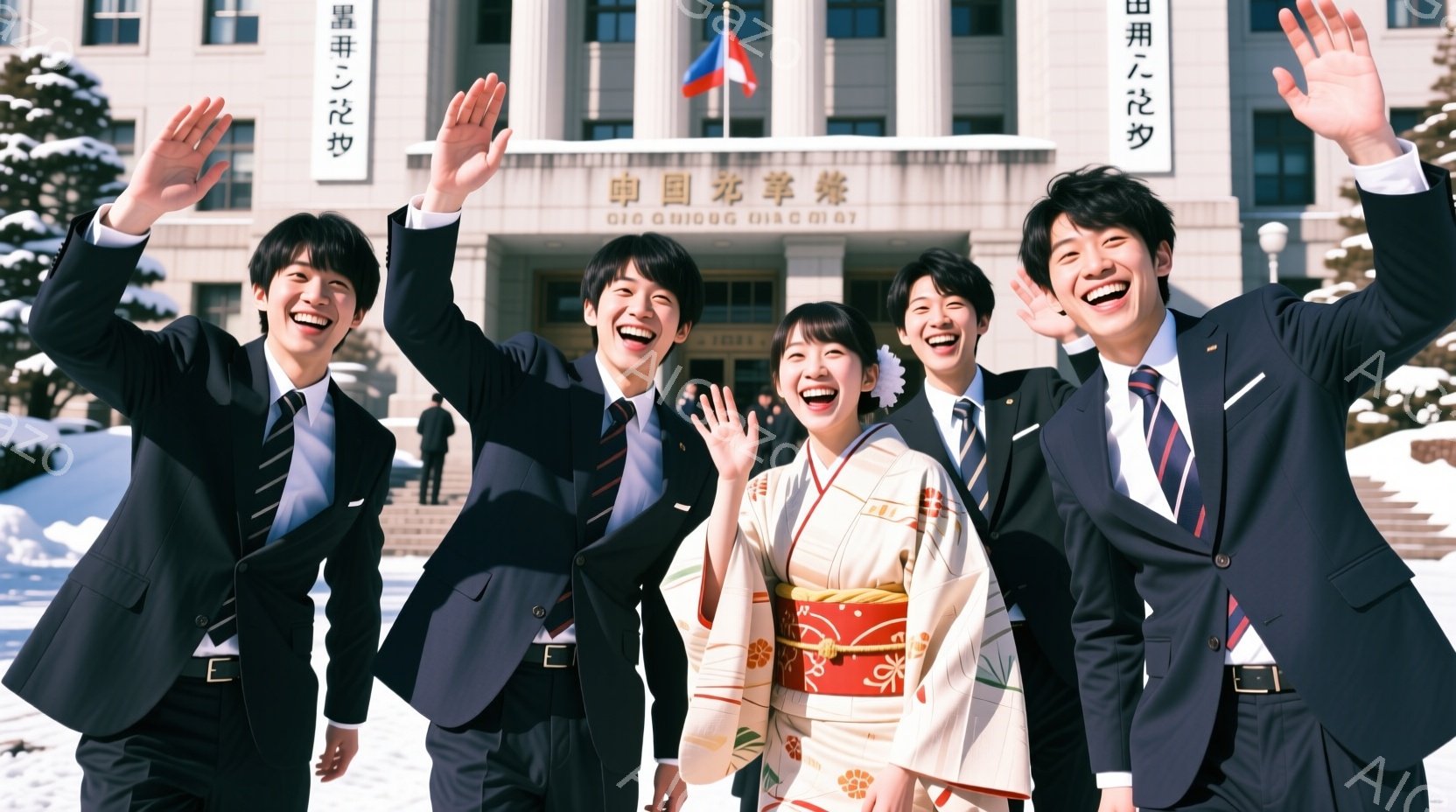 紺色のスーツを着た男性4人と、クリーム色の訪問着を着た女性1人が写っています。全員が笑顔で、片手を大きく上げています。背景には雪に覆われた建物と木々があり、晴れた冬の日の雰囲気が伝わってきます。 - AI生成フリー素材