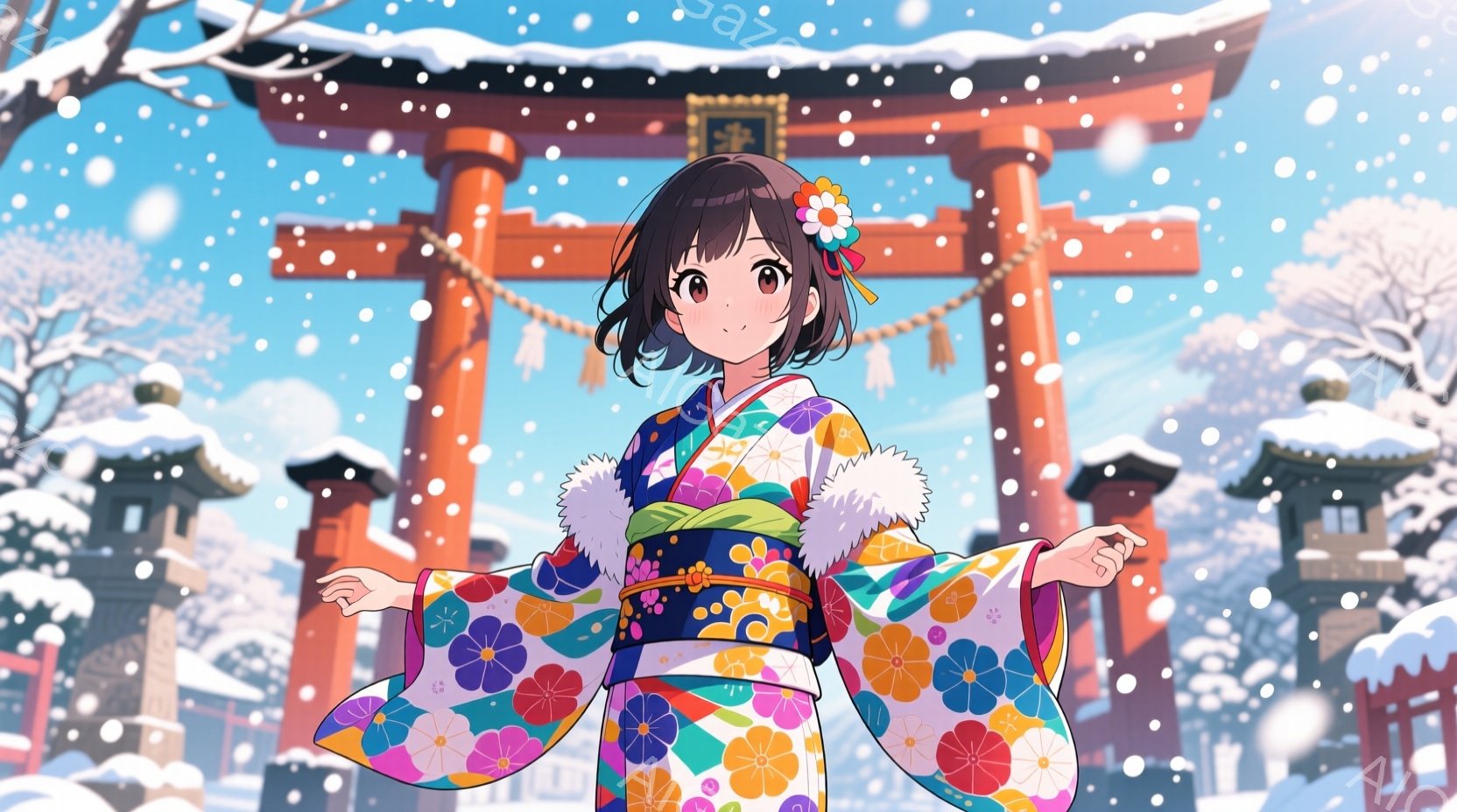 明るい色彩の着物を着た少女が、雪が降る神社で両手を広げて立っています。彼女は黒い髪を少しカールさせて飾りをつけ、笑顔で前を見据えています。背景には、雪化粧された鳥居や寺院が見え、冬の穏やかな雰囲気を醸 - AI生成フリー素材