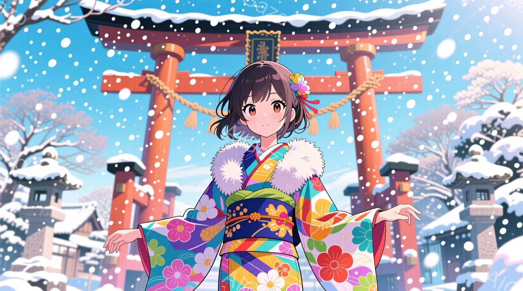 明るい笑顔の若い女性が、鮮やかな色の花柄の着物と白いボア襟のマフラーを着て立っています。彼女は両手を広げ、雪が降る神社へと続く道でポーズをとっており、背景には伝統的な日本の建物と雪で覆われた木々が見え - AI生成フリー素材
