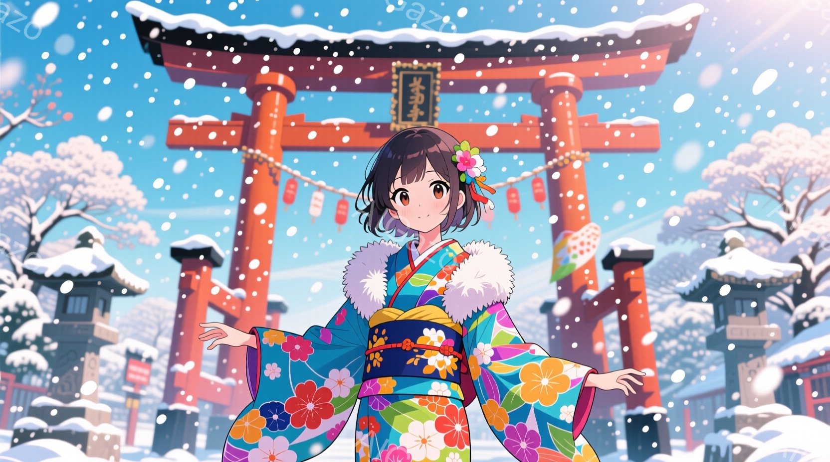 明るい笑顔の少女が、鮮やかな花柄の着物と白いファー襟を身につけて立っています。彼女は両手を広げ、雪が舞う赤い鳥居の下で、冬の祭りのような雰囲気を楽しんでいます。背景には雪景色の中に伝統的な建物が見え、 - AI生成フリー素材