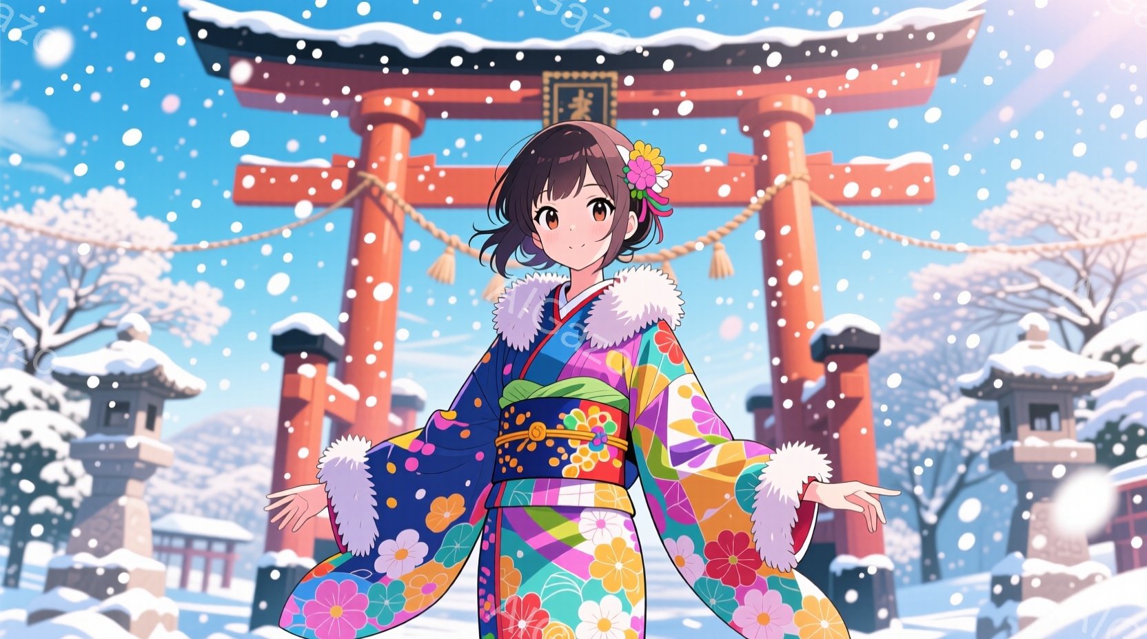明るい色の花柄の着物を着た若い女性が描かれています。彼女は両手を広げ、笑顔で正面を見つめており、髪は肩まで伸びた茶色で、頭には花飾りをつけています。背景には雪に覆われた赤い鳥居と寺院が見え、雪が舞う冬 - AI生成フリー素材