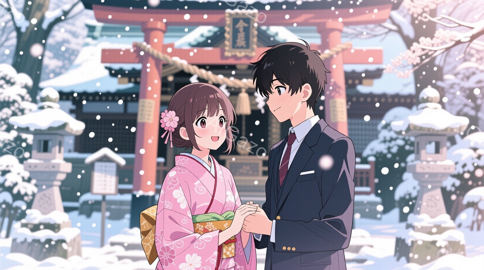 雪が降る中、和装の女性とスーツ姿の男性が手をつないで立っています。女性はピンク色の着物で、髪には花飾りをつけて微笑んでおり、男性は黒いスーツに赤いネクタイを締め、少し照れくさそうな表情をしています。背 - AI生成フリー素材