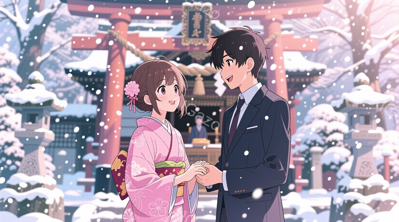 雪が舞う中で、和装の女性とスーツ姿の男性が手をつないで立っています。女性はピンク色の着物で、髪を後ろでまとめ、髪飾りをつけて微笑んでいます。背景には、雪で覆われた神社があり、厳かな雰囲気が漂っています - AI生成フリー素材