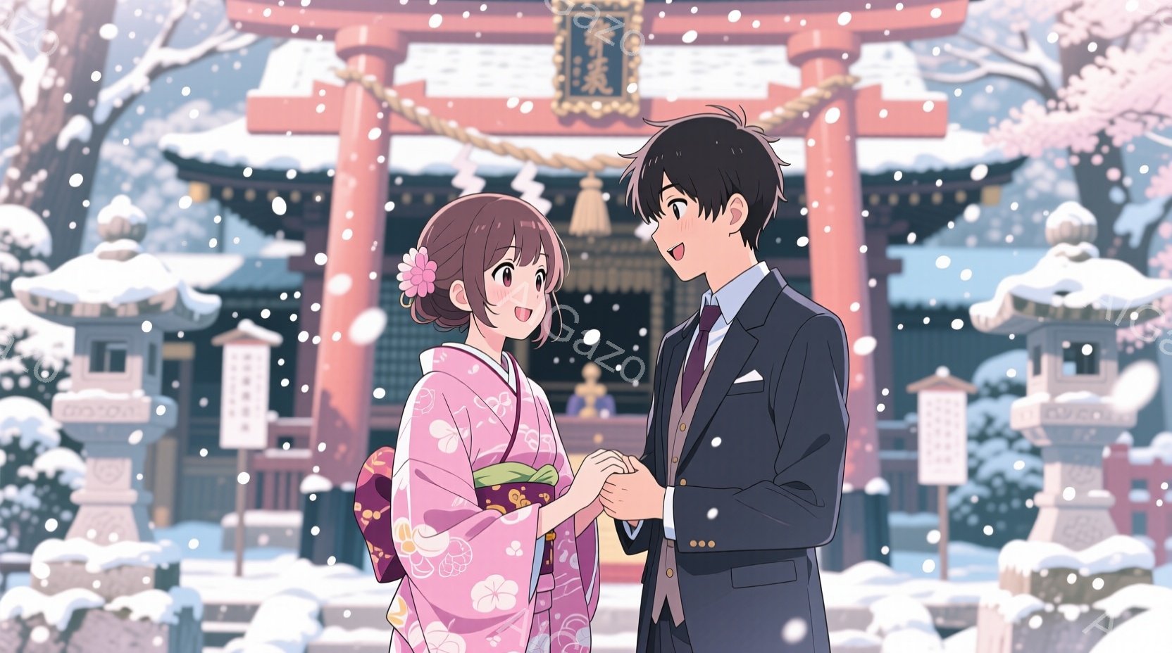 雪が降る中で、着物を着た若い女性とスーツ姿の若い男性が手をつないで向かい合っています。女性はピンク色の桜柄の着物で、髪を後ろでまとめ、花の髪飾りをつけています。背景には赤い鳥居と雪景色が見え、温かくロ - AI生成フリー素材
