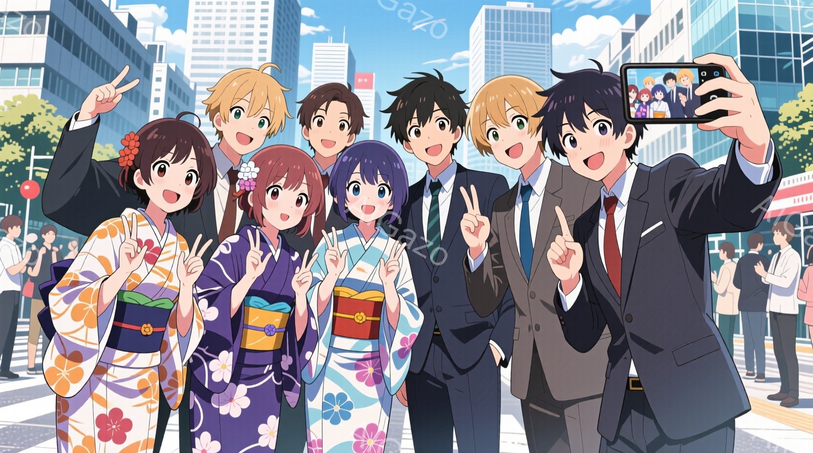 複数のキャラクターが、日本の街並みを背景に、笑顔でセルフィーを撮っています。女性キャラクターたちは華やかな着物を着ており、男性キャラクターたちは黒いスーツ姿です。背景には高層ビルや木々が見え、晴れた空 - AI生成フリー素材