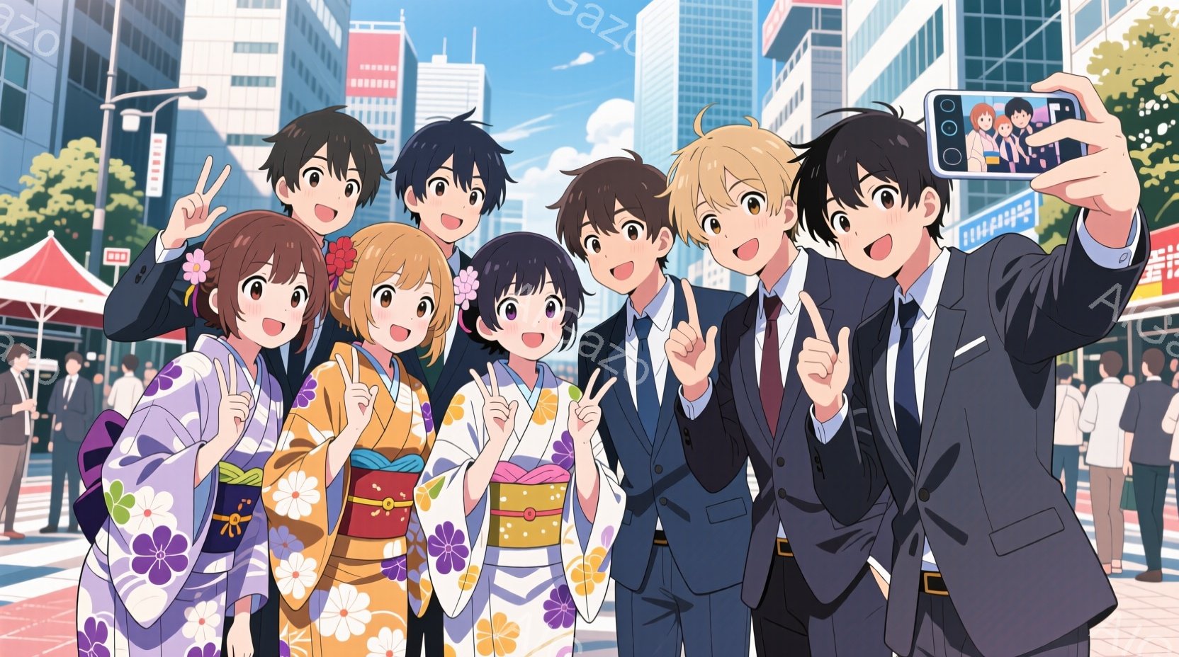 賑やかな街中で、浴衣を着た若い女性たちとスーツ姿の男性たちが自撮り写真をとっています。女性たちはそれぞれ異なる色の浴衣を着ており、明るい笑顔を見せています。背景には高層ビル群や多くの人々がおり、晴れた - AI生成フリー素材