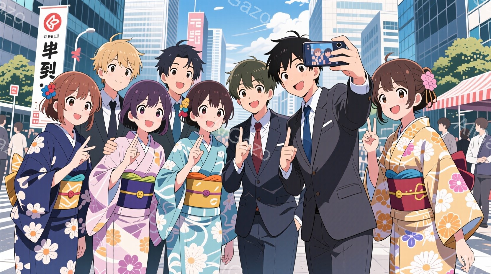 複数の若い男女が、夏の祭りのような賑やかな通りでグループ写真を撮っています。女性たちは色とりどりの浴衣を着ており、男性はスーツを着ています。背景には高層ビル群や青空が広がり、晴天の下、活気に満ちた夏祭 - AI生成フリー素材