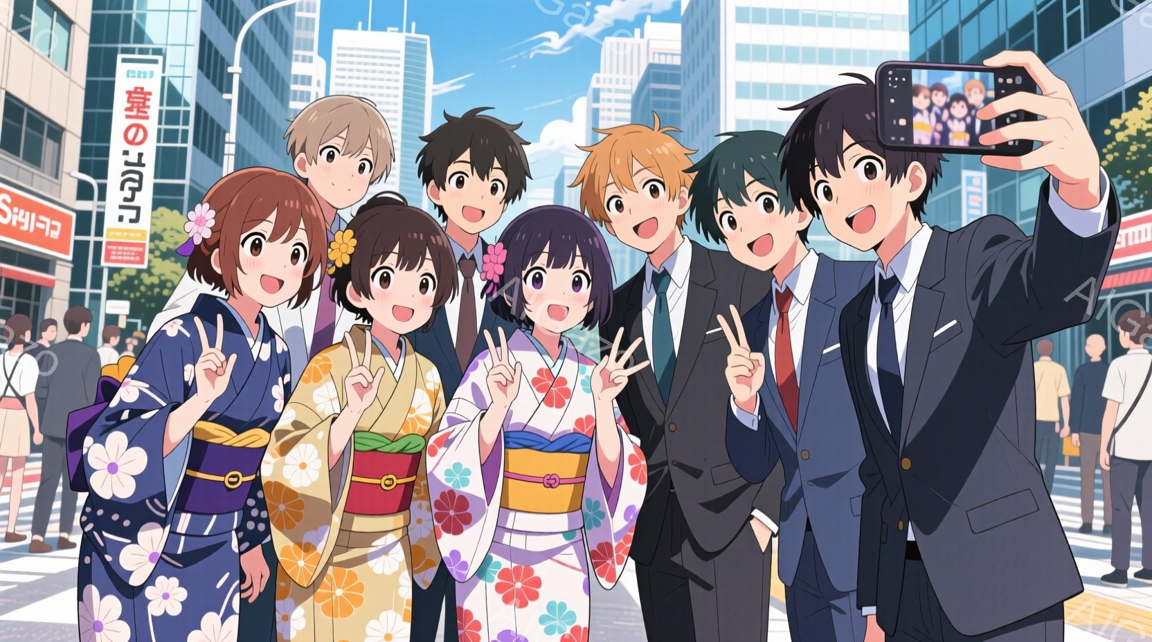 複数の若い男女が、夏の祭りのような装いをして、スマートフォンで自撮りをしています。女性たちは鮮やかな花柄の浴衣を着ており、男性は黒いスーツを着ています。背景には高層ビルが立ち並び、晴天の下、賑やかな都 - AI生成フリー素材