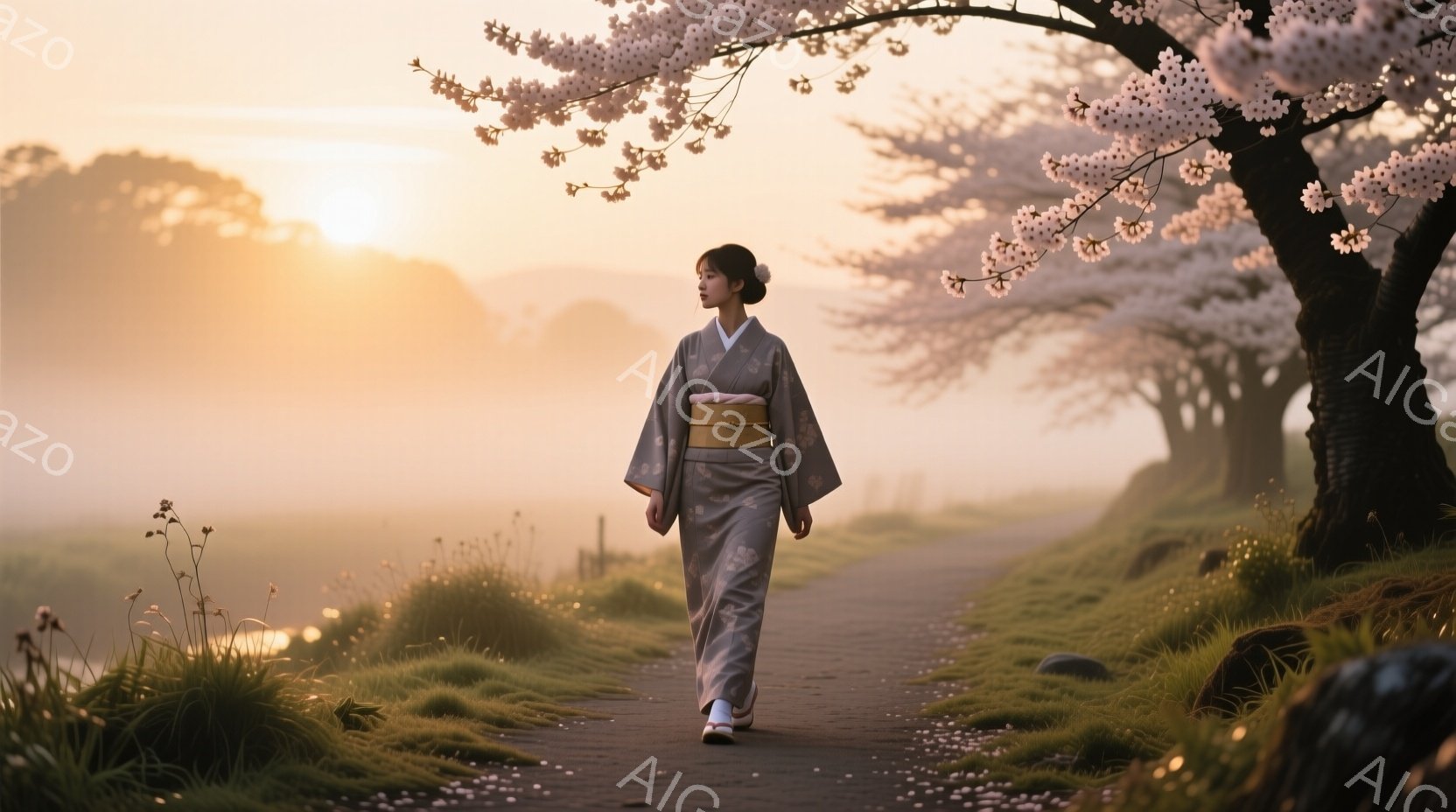 薄紫色の着物を着た女性が、桜並木の中を歩いている。彼女は黒髪をまとめ、穏やかな表情で前を見つめている。背景には霧が立ち込め、桜の花びらが舞い散る中で、春の穏やかな雰囲気が漂っている。 - AI生成フリー素材