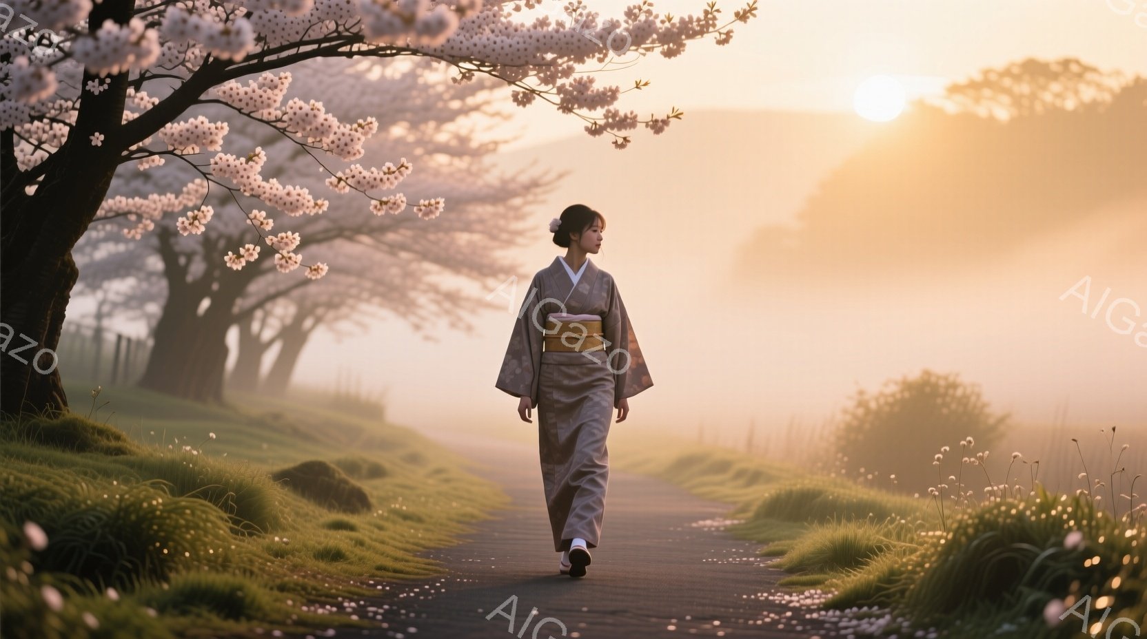 浅い緑色の着物を着た女性が、桜並木の中の道を歩いている。彼女は黒髪をまとめ、控えめな表情で、穏やかな春の風景に溶け込んでいる。背景には霧がかかり、道は桜の花びらで覆われ、静かで幻想的な雰囲気を醸し出している。