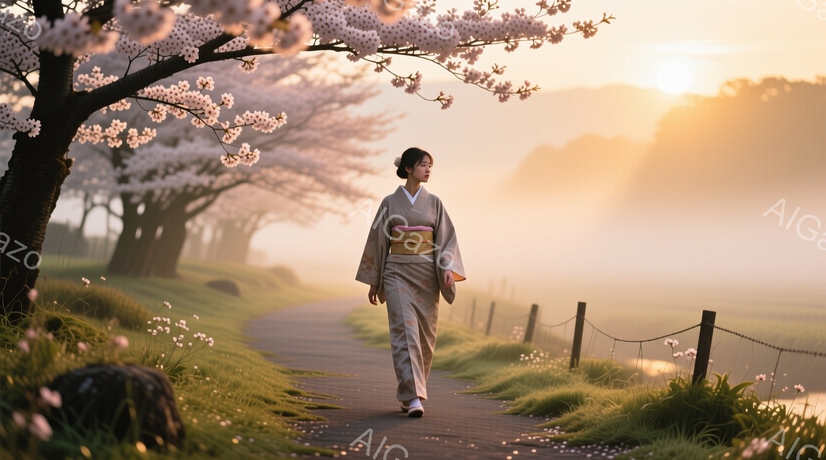 浅いピンク色の着物を着た女性が、桜並木が続く道を歩いている。彼女は控えめな微笑みを浮かべ、髪はきれいにまとめられている。背景には、霧のかかった田園風景が広がり、朝日の光が桜の花びらと草木を柔らかく照らしている。