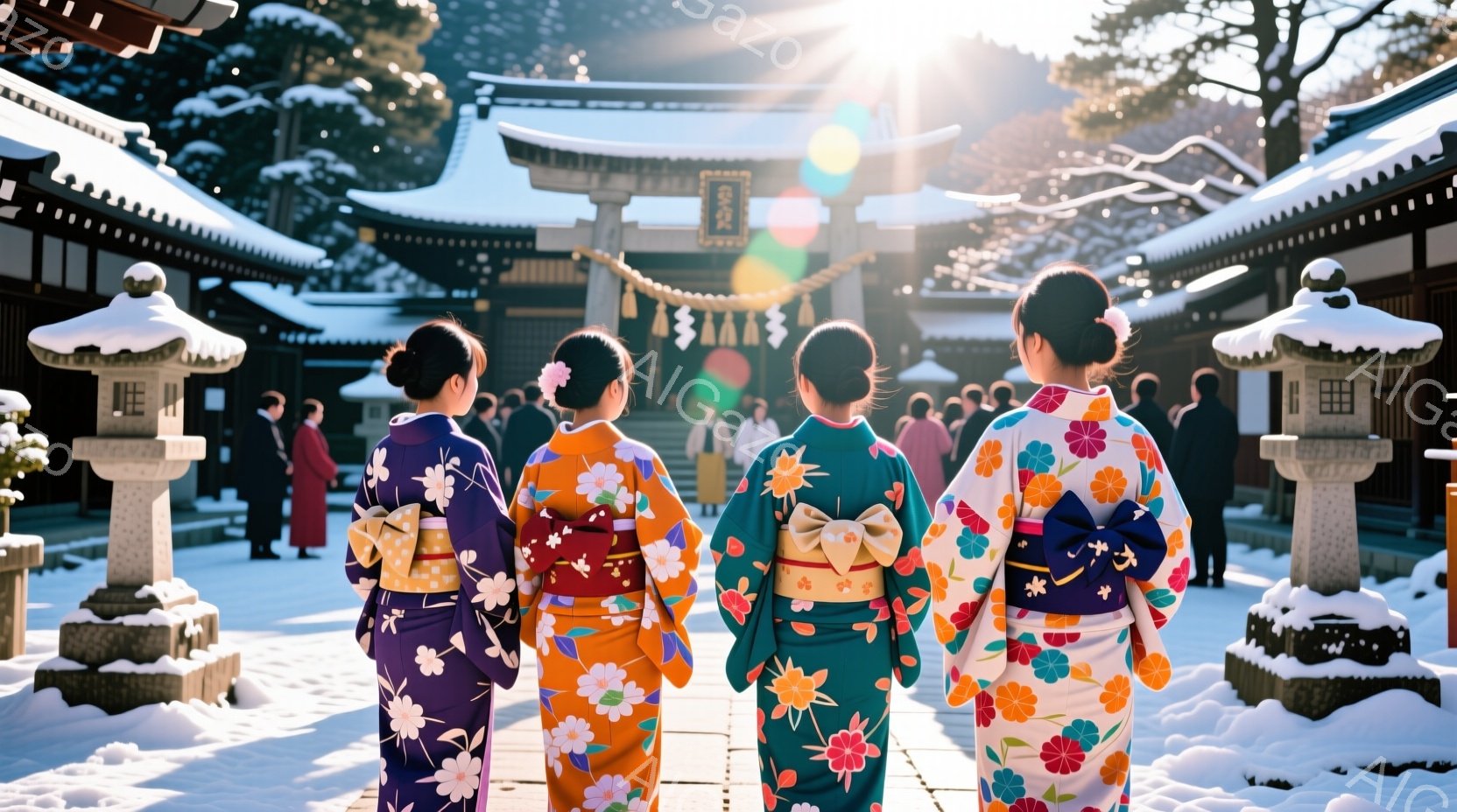 四人の女性が色鮮やかな着物を着て、雪に覆われた寺院の石段を歩いている。着物には、紫、オレンジ、緑、ピンクといった華やかな花柄が描かれており、それぞれのリボンは異なる色で結ばれている。背景には、雪景色の - AI生成フリー素材
