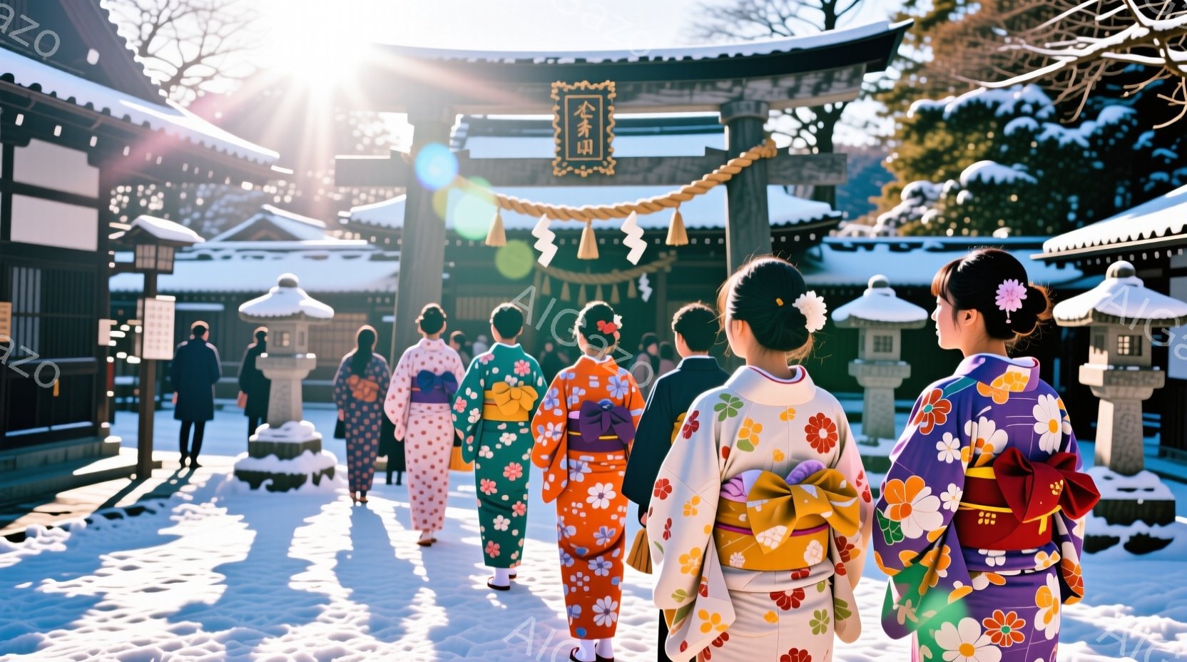 雪に覆われた寺社の参道を行く女性たちが写っている。女性たちは色とりどりの華やかな着物を身に着け、髪を綺麗に結い上げている。背景には伝統的な寺社の建物が見え、冬の澄んだ空気と柔らかな光が、厳かで穏やかな - AI生成フリー素材