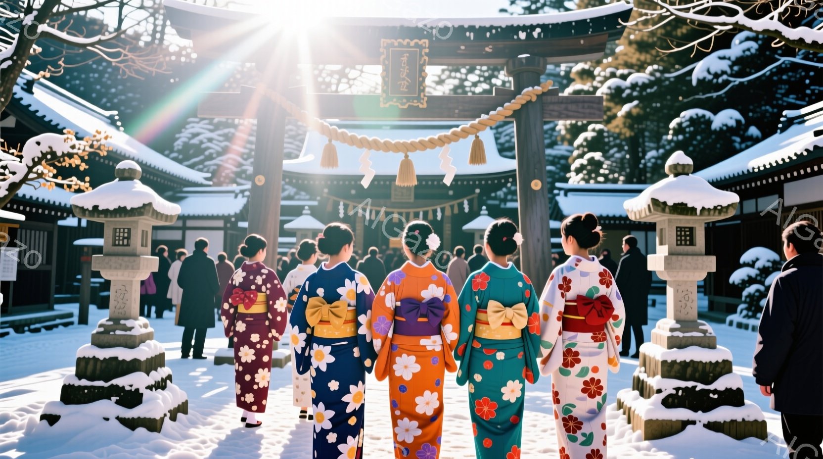 雪景色の中に、華やかな着物を着た女性たちが一列に並んで歩いている。女性たちはそれぞれ異なる色の着物を着ており、髪を綺麗に結い上げている。背景には、雪で覆われた木々と、鳥居や石灯籠が見え、厳かで幻想的な - AI生成フリー素材