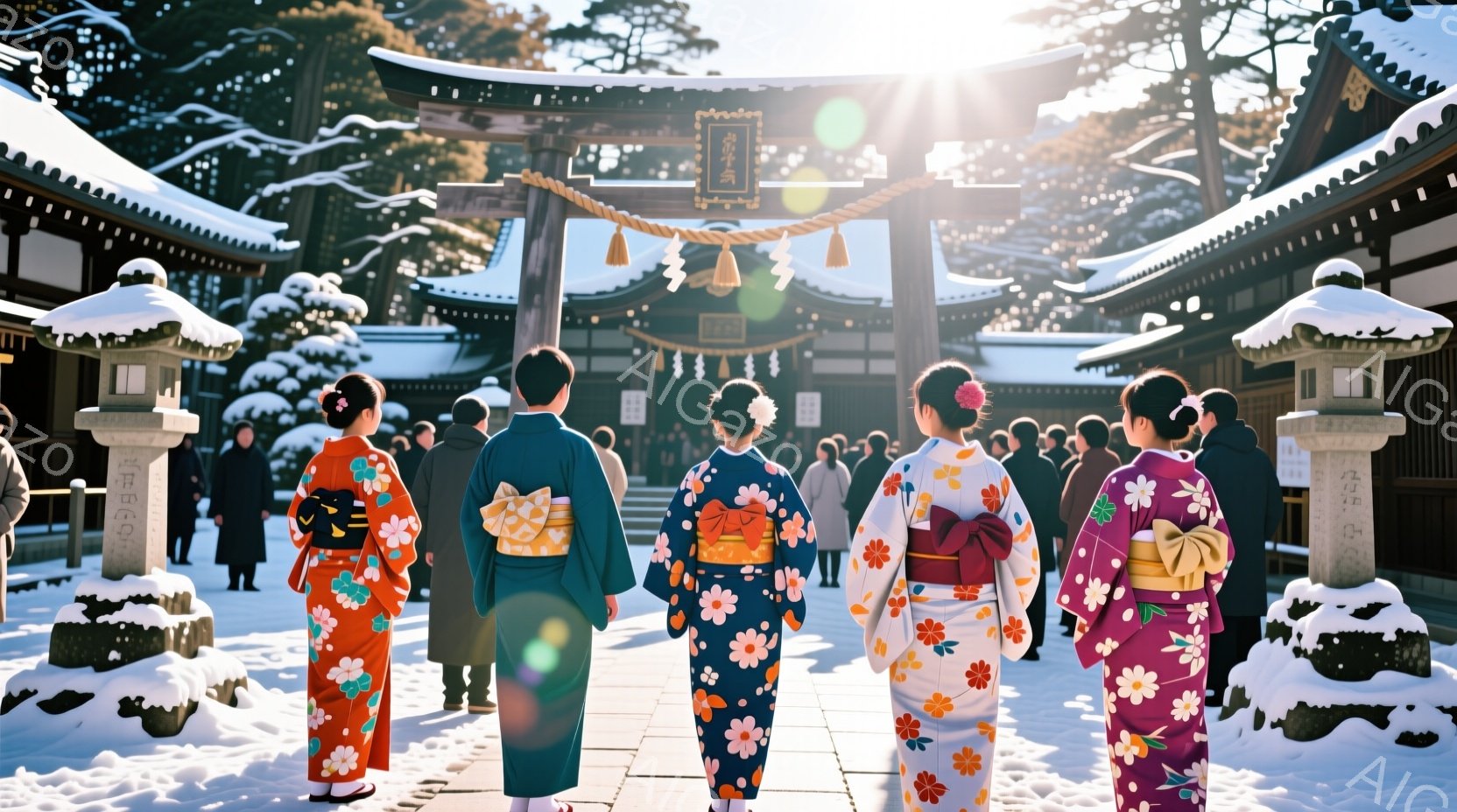 雪に覆われた参道を行く、色鮮やかな着物姿の女性たちが並んでいる。女性たちは皆後ろ姿で、華やかな柄の着物と帯が印象的で、髪をきれいにまとめ、お正月や特別な日のお参りに向かっている様子がうかがえる。背景には、雪景色の中に神社の建物が見え、厳かな雰囲気の中で、初詣などの伝統的な行事が行われているのだろう。