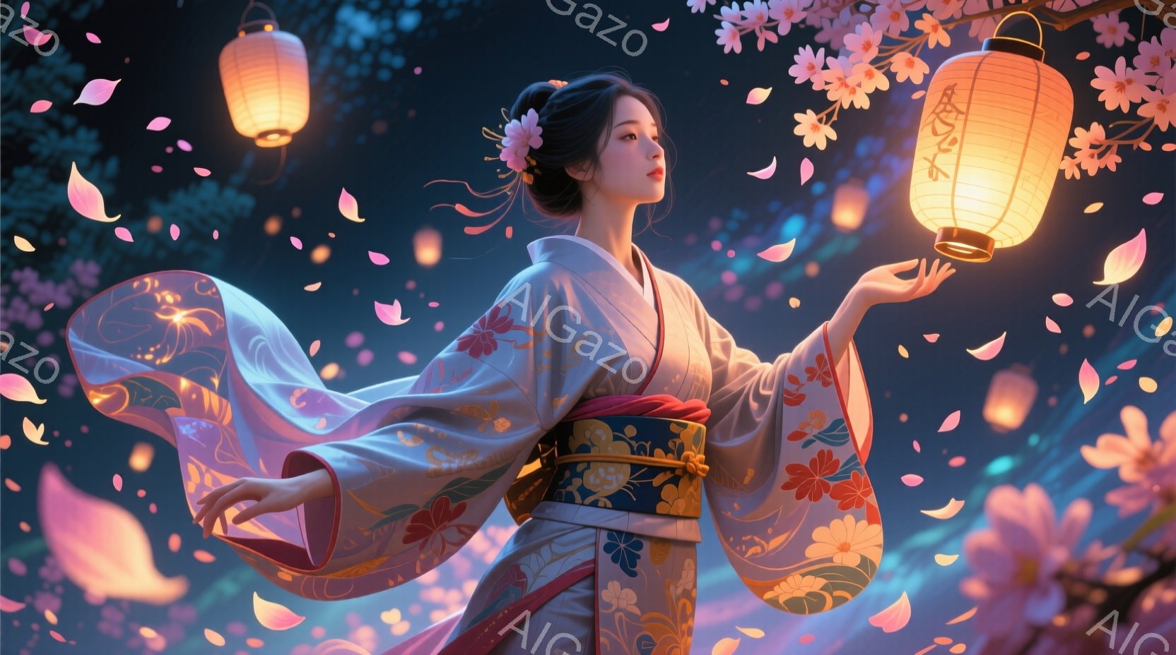 美しい女性が、華やかな着物を身につけ、片手に提灯を持ち、優雅に舞っている。着物は、ピンク、青、黄色を基調とした花柄で、帯は鮮やかな赤色で締められている。背景には桜の花びらが舞い、幻想的な雰囲気を醸し出しており、提灯の温かい光が彼女を照らしている。