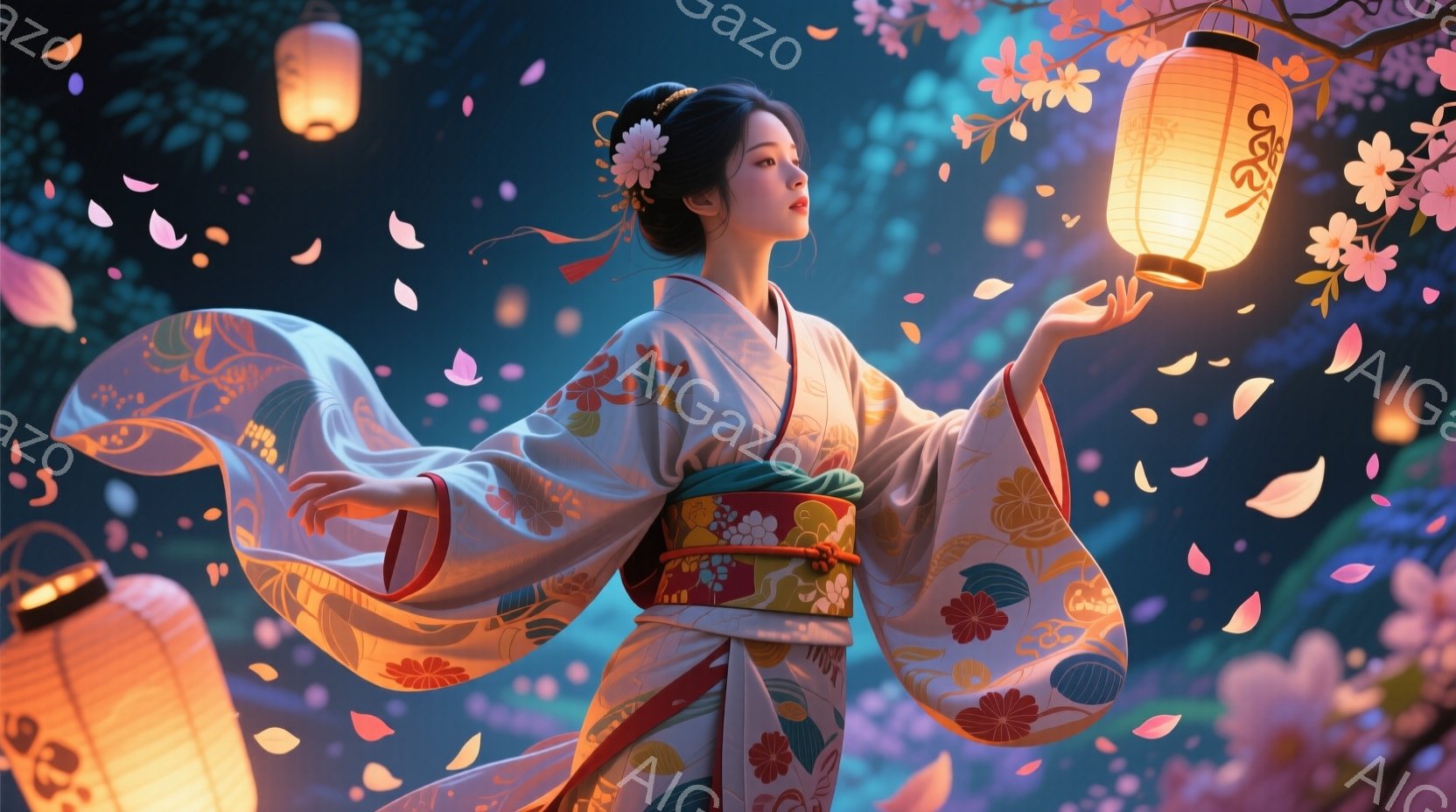 白い着物を着た女性が、片手に提灯を持ち、優雅に舞っている姿が描かれている。彼女の黒髪は後ろでまとめられ、髪飾りをつけている。背景には桜の花びらが舞い散り、他の提灯もぼんやりと見え、幻想的で美しい春の夜の雰囲気を醸し出している。