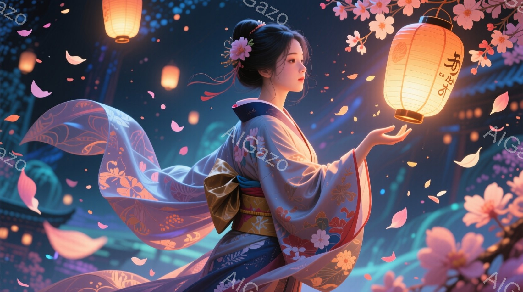深い藍色の空の下、着物を着た女性が右手に提灯を灯しています。華やかな模様の着物と、後ろで大きく広がる裾が印象的で、黒髪に花飾りをつけた彼女は、どこか憂いを帯びた表情で遠くを見つめています。背景にはぼん - AI生成フリー素材
