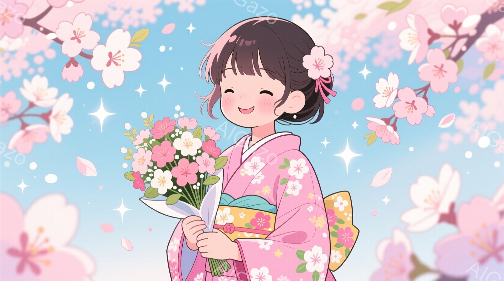 少女はピンクと白の桜柄の着物を着ており、緑色の帯が締まっています。髪は黒く、桜の花の髪飾りをつけて後ろで結ばれており、笑顔で花束を抱えています。背景は桜の花びらが舞い散る、淡いピンクと水色の空で、春の - AI生成フリー素材