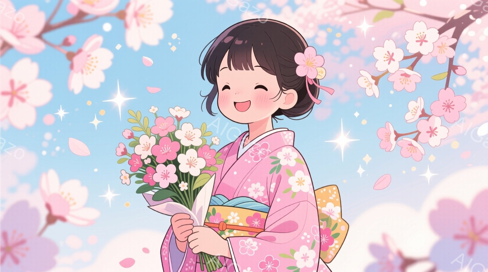 可愛らしい少女が、ピンク色の花柄の着物を着て微笑んでいます。彼女はたくさんのピンク色の花束を抱え、髪は黒く、両サイドに花飾りをつけています。背景には、桜の花が咲き乱れ、ピンク色の花びらが舞い、春の暖か - AI生成フリー素材