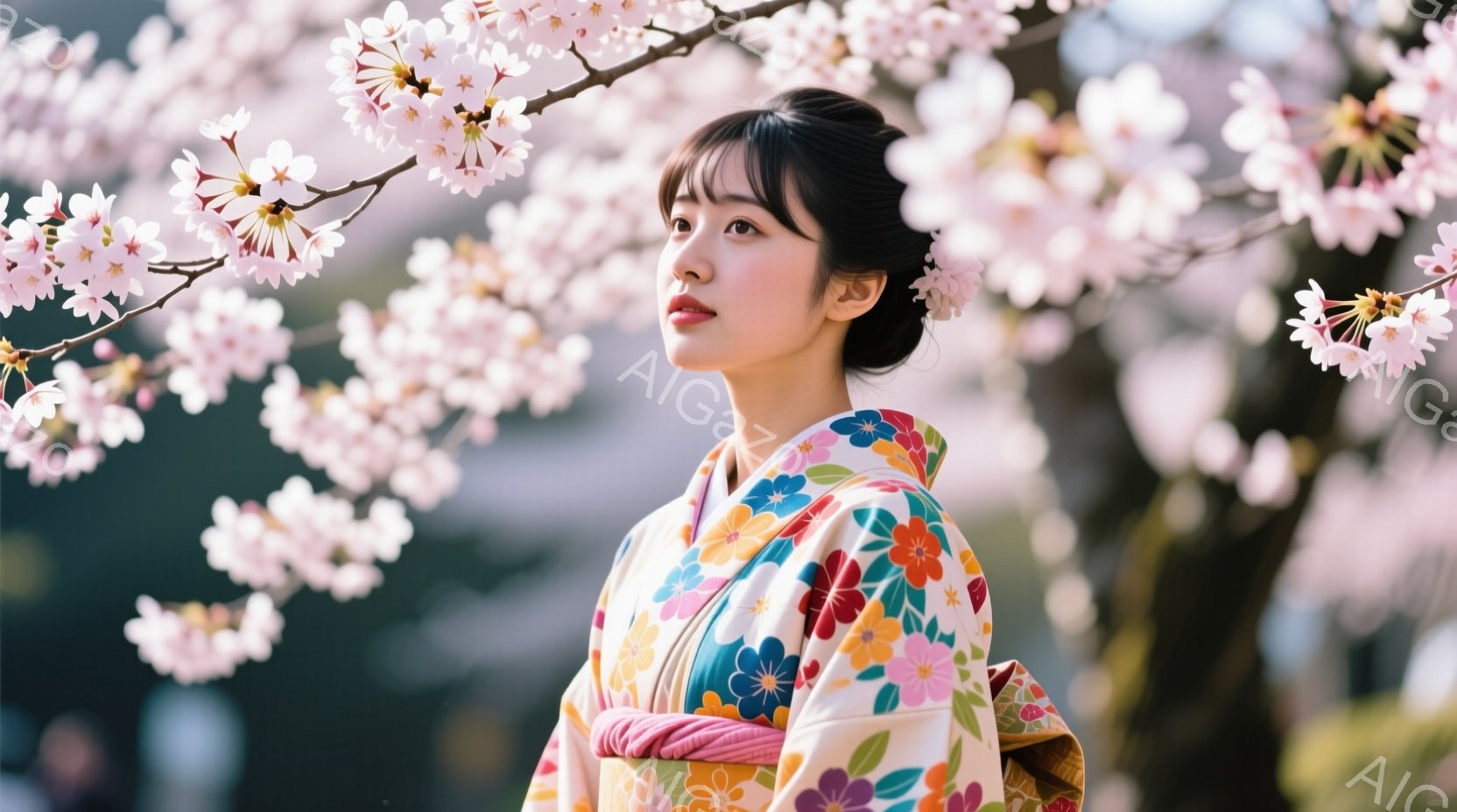 鮮やかな色の花柄の着物を着た若い女性が、桜並木の下で横顔を見せています。彼女は黒髪を後ろでまとめ、少し上目遣いで穏やかな表情を浮かべており、春の暖かさと美しさを象徴しています。背景にはぼんやりと緑が広 - AI生成フリー素材