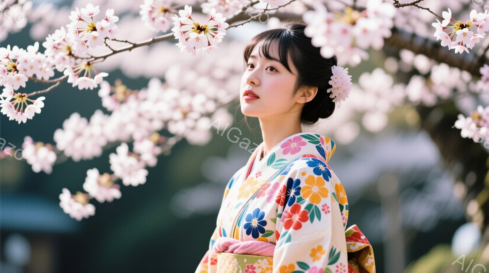 鮮やかな色の花柄の着物を着た若い女性が、桜並木の風景の中に佇んでいます。彼女は黒髪を後ろでまとめ、少し上を見つめるように微笑んでいます。背景には、ぼやけた桜の花びらが舞い、春の暖かく穏やかな雰囲気が漂 - AI生成フリー素材