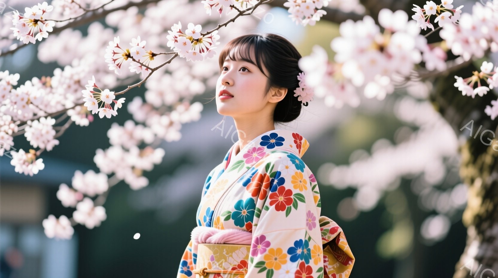 鮮やかな色の花柄の着物を着た若い女性が、上を見上げています。髪は後ろでまとめられ、シンプルなヘアアクセサリーが光っています。背景には桜の木が咲き誇り、春の暖かく穏やかな雰囲気を醸し出しています。