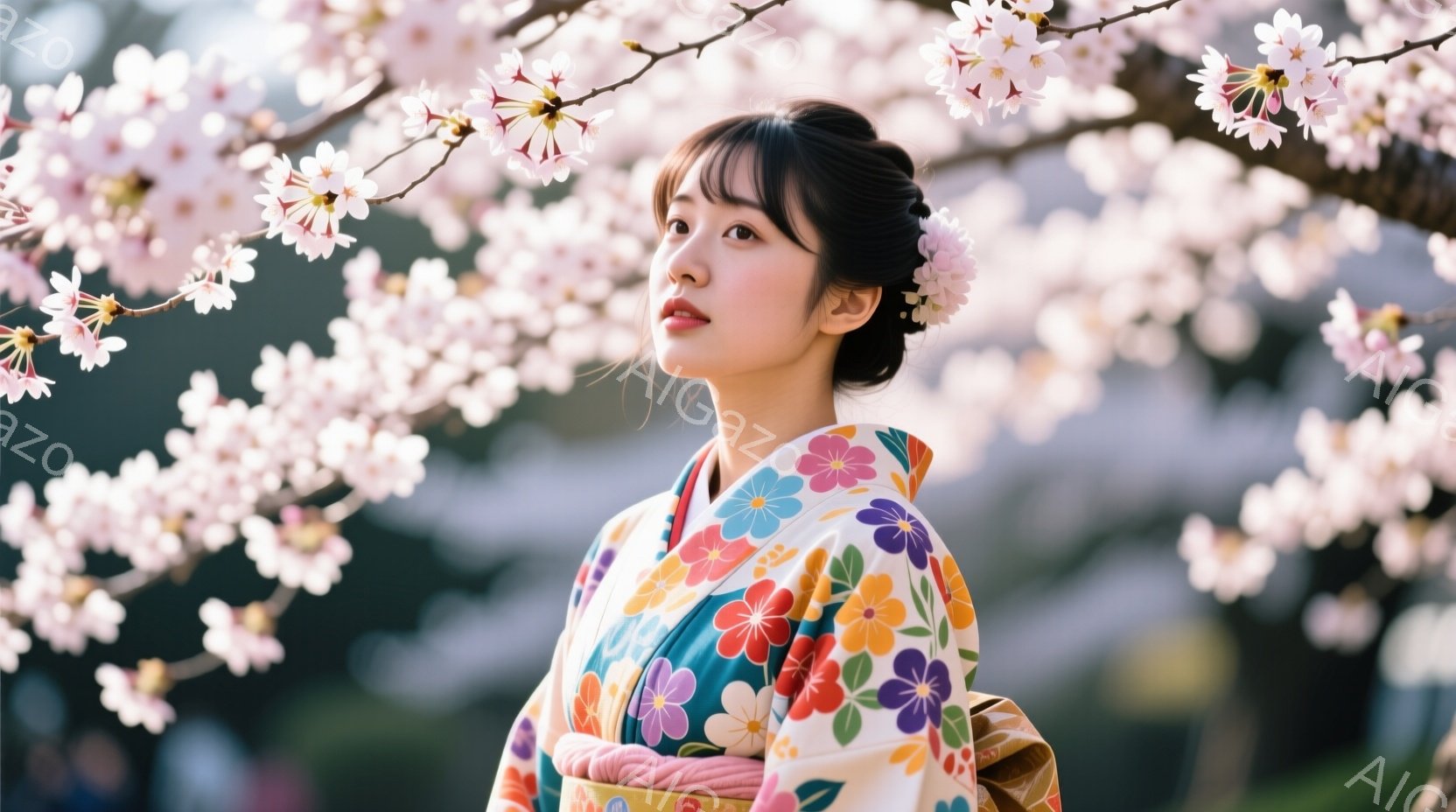 明るい色の花柄の着物を着た若い女性が、少し上目線で微笑んでいます。彼女の髪は後ろでまとめられ、ピンクの花が飾られています。背景には桜の花が咲き乱れ、春の暖かく穏やかな雰囲気を醸し出しています。