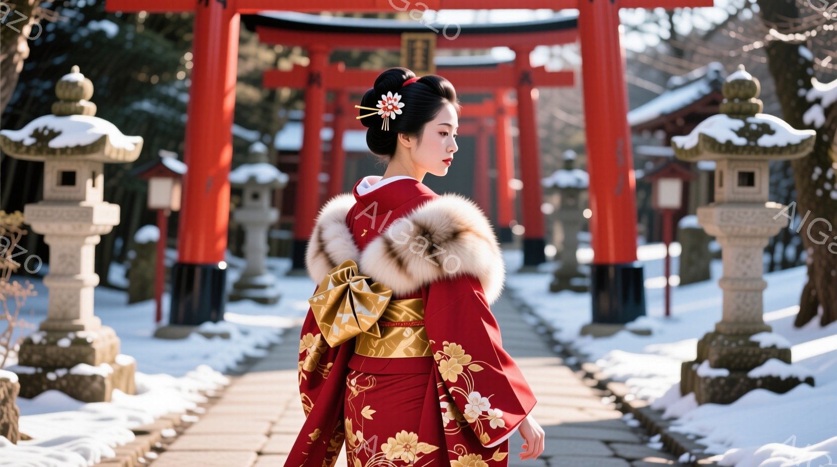 深紅色の着物と金色の帯を身につけた女性が、雪に覆われた参道を進んでいます。髪は高髷に結い上げられ、かんざしが華やかに飾られています。背景には、雪化粧した鳥居と石灯籠が並び、厳かで静謐な冬の雰囲気を醸し - AI生成フリー素材